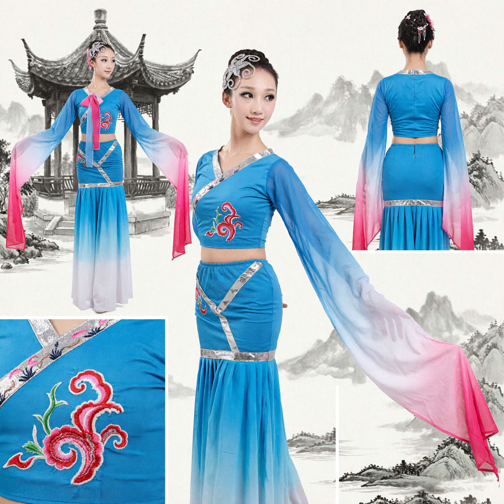 Women's Traditional Chinese Classical Dance Costume Blue Pink Gradient Ribbon Dress Stage Performance Outfit - Asian Costume
