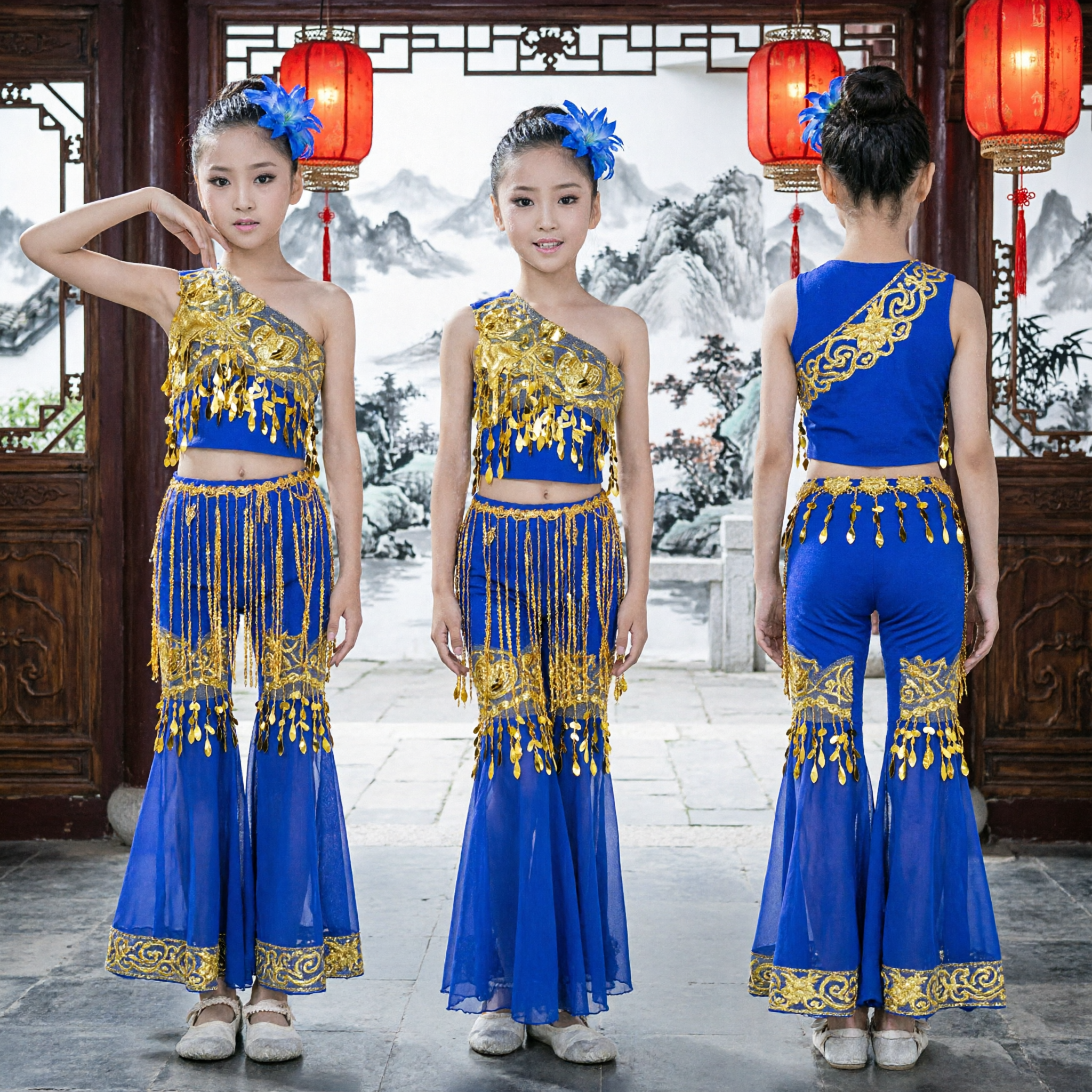 Women's Royal Blue Chinese Folk Dance Costume with Gold Sequin Fringe Top and Pants Set - Asian Costume