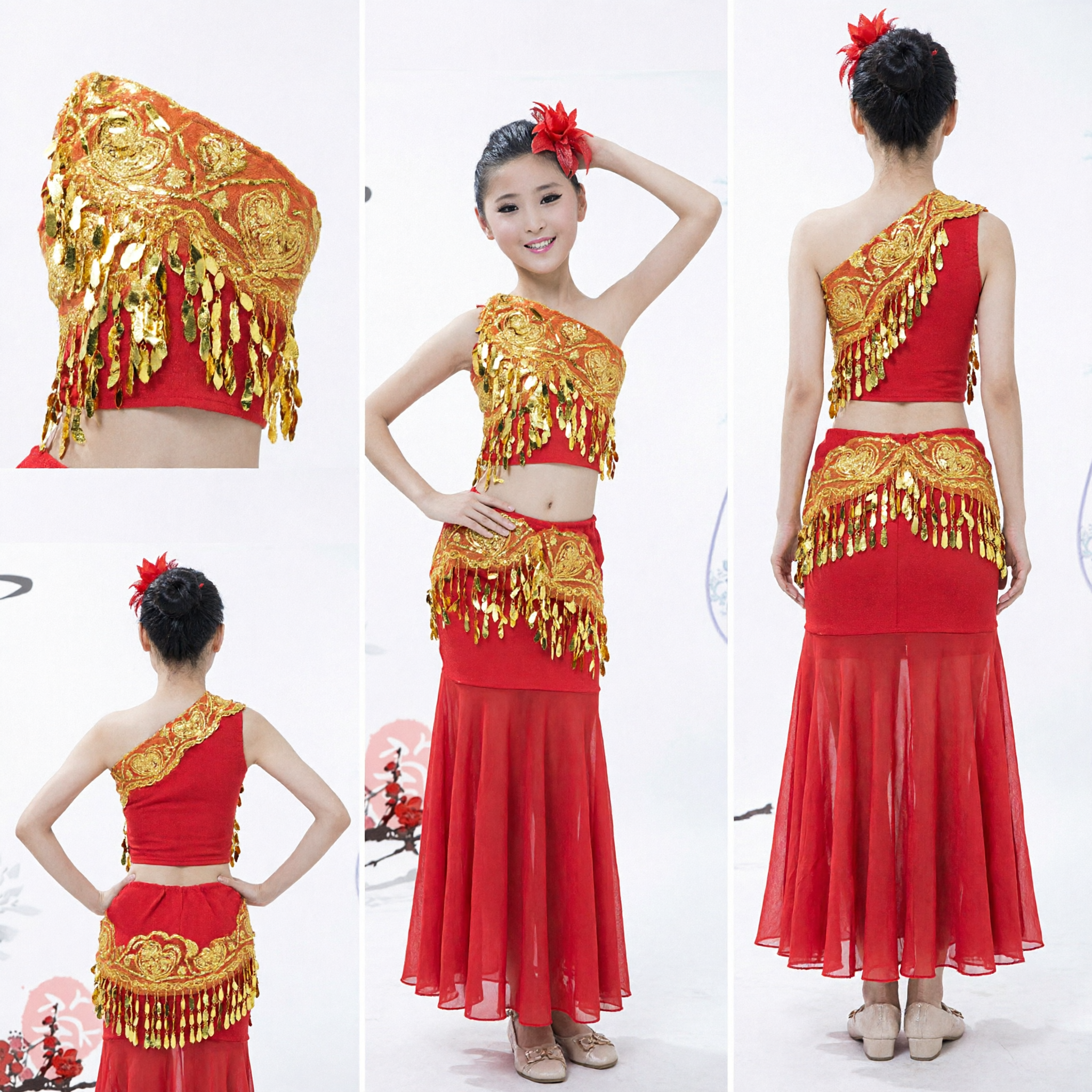 Traditional Chinese Dai Minority Peacock Dance Costume Red Gold Sequin Performance Dress for Women and Girls - Asian Costume