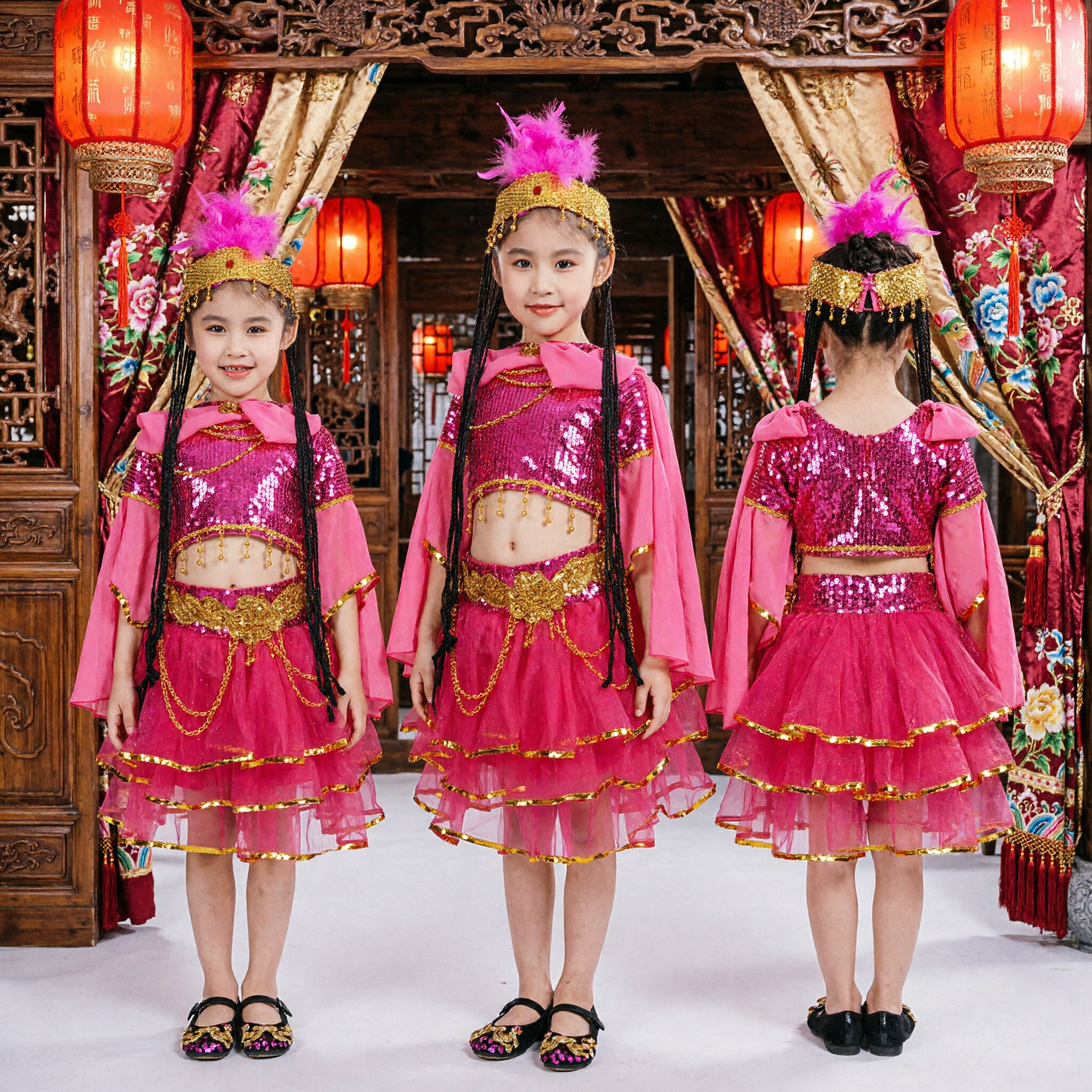 Kids Chinese Xinjiang Uyghur Folk Dance Costume Girls Pink Sequin Performance Dress with Headdress - Asian Costume