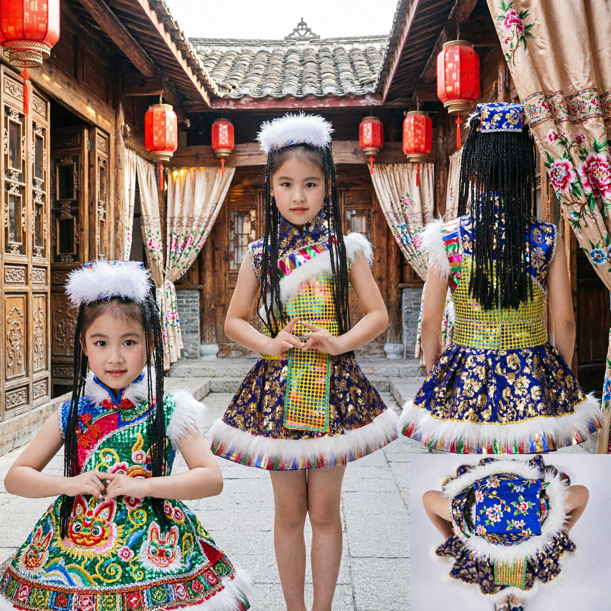 Girls Tibetan Traditional Dance Costume Kids Ethnic Minority Performance Dress with Fur Hat and Braids - Asian Costume