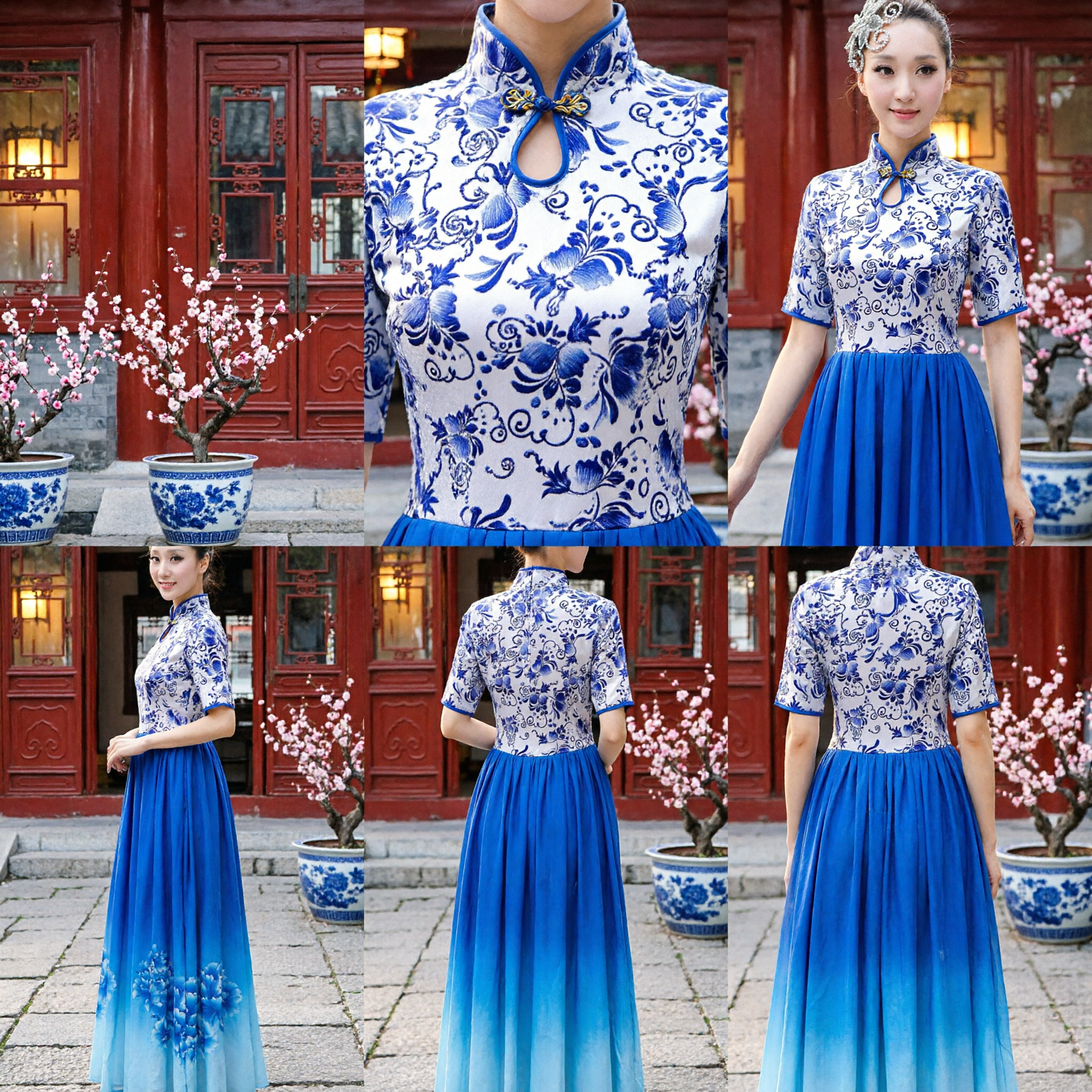 Women's Blue and White Porcelain Chinese Traditional Cheongsam Top and Long Skirt Folk Dance Stage Performance Costume - Asian Costume