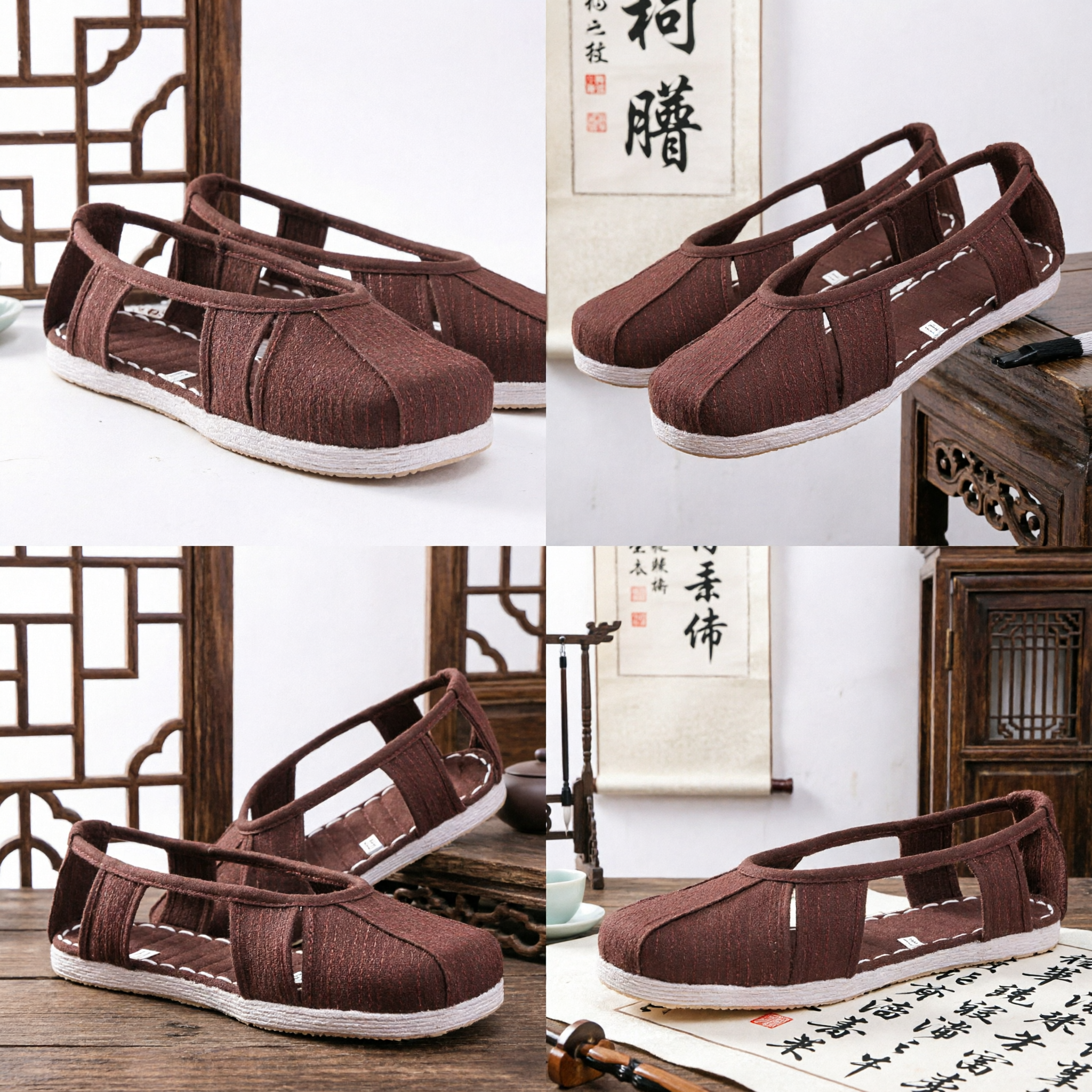 Classic Brown Chinese Cloth Shoes Traditional Handmade Kung Fu Tai Chi Slip-Ons for Casual Daily Walking - Asian Costume