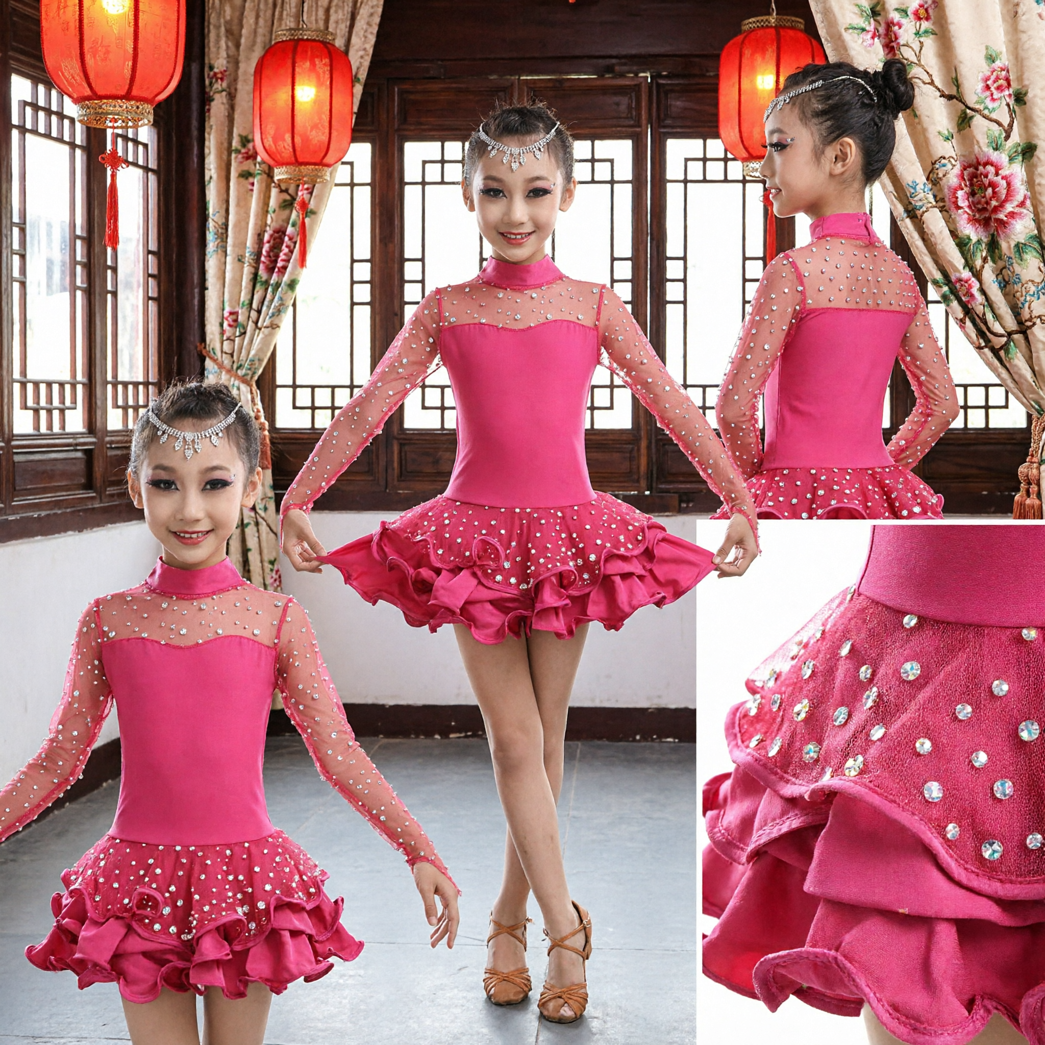 Girls Pink Latin Dance Dress Rhinestone Long Sleeve Ballroom Competition Performance Costume for Kids Stage Show - Asian Costume