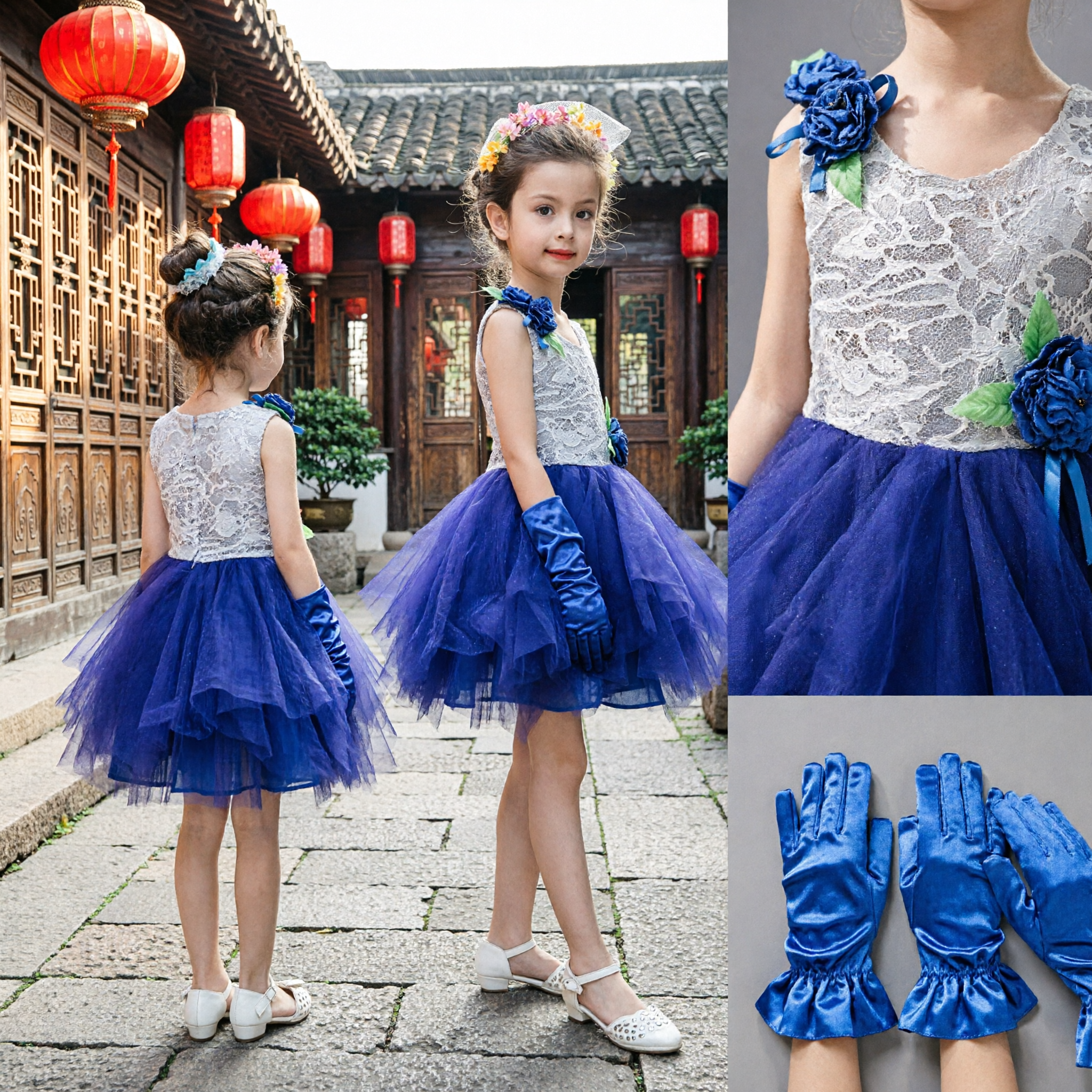 Girls Blue and White Lace Stage Performance Dress with Tulle Skirt for Dance Singing Hosting Costume - Asian Costume