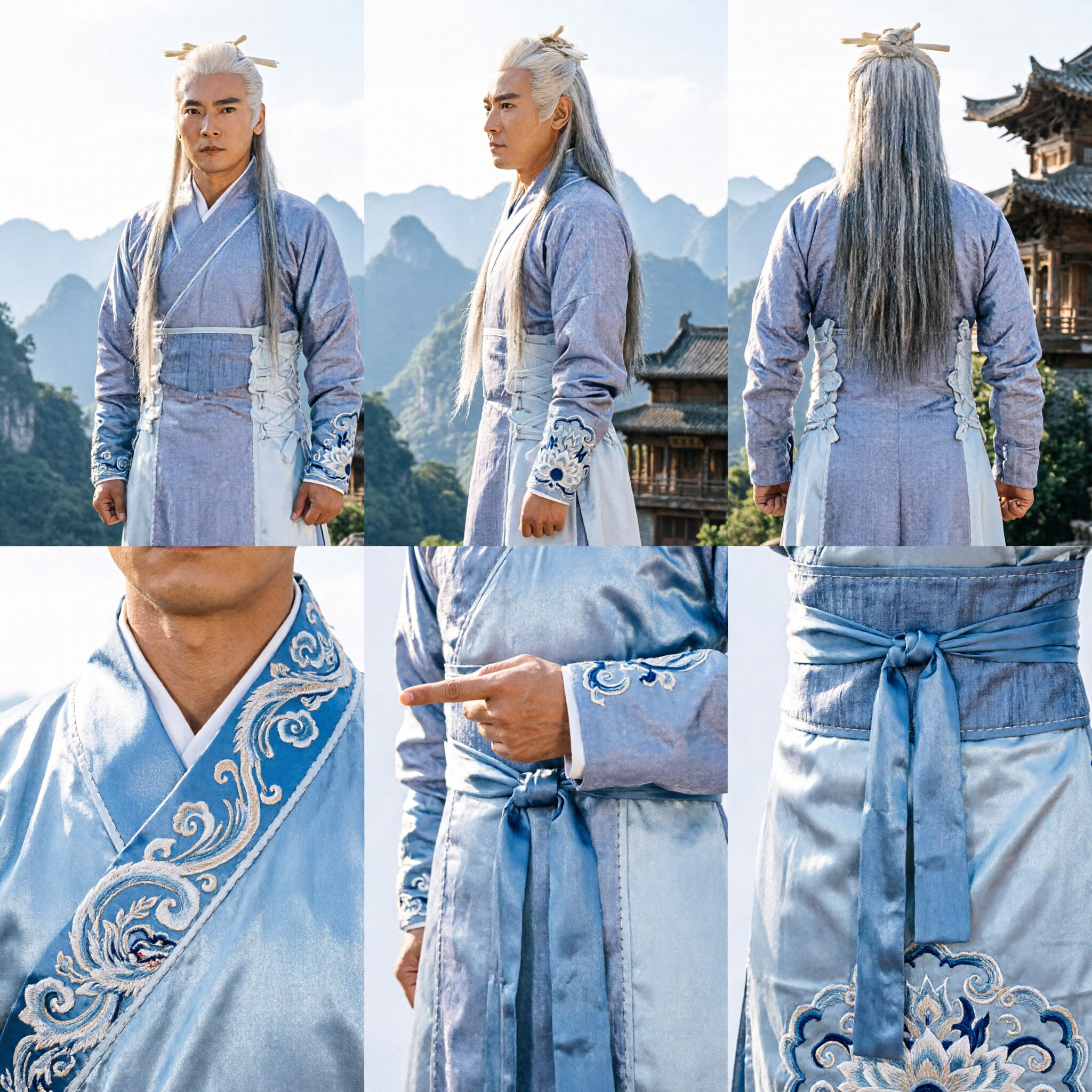 Ancient Chinese Wuxia Master Costume Men's Light Blue Kung Fu Hanfu Robe for Martial Arts Cosplay - Asian Costume