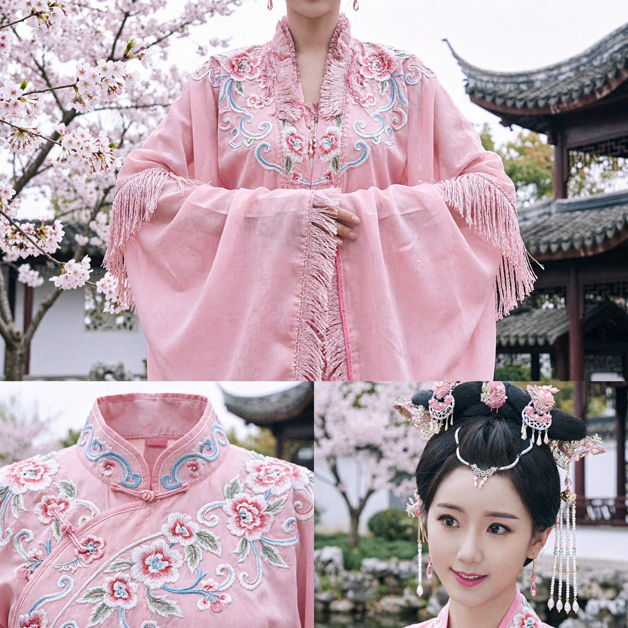 Ancient Chinese Princess Hair Accessories Set Pink Floral Hairpins for Hanfu Wedding Cosplay - Asian Costume