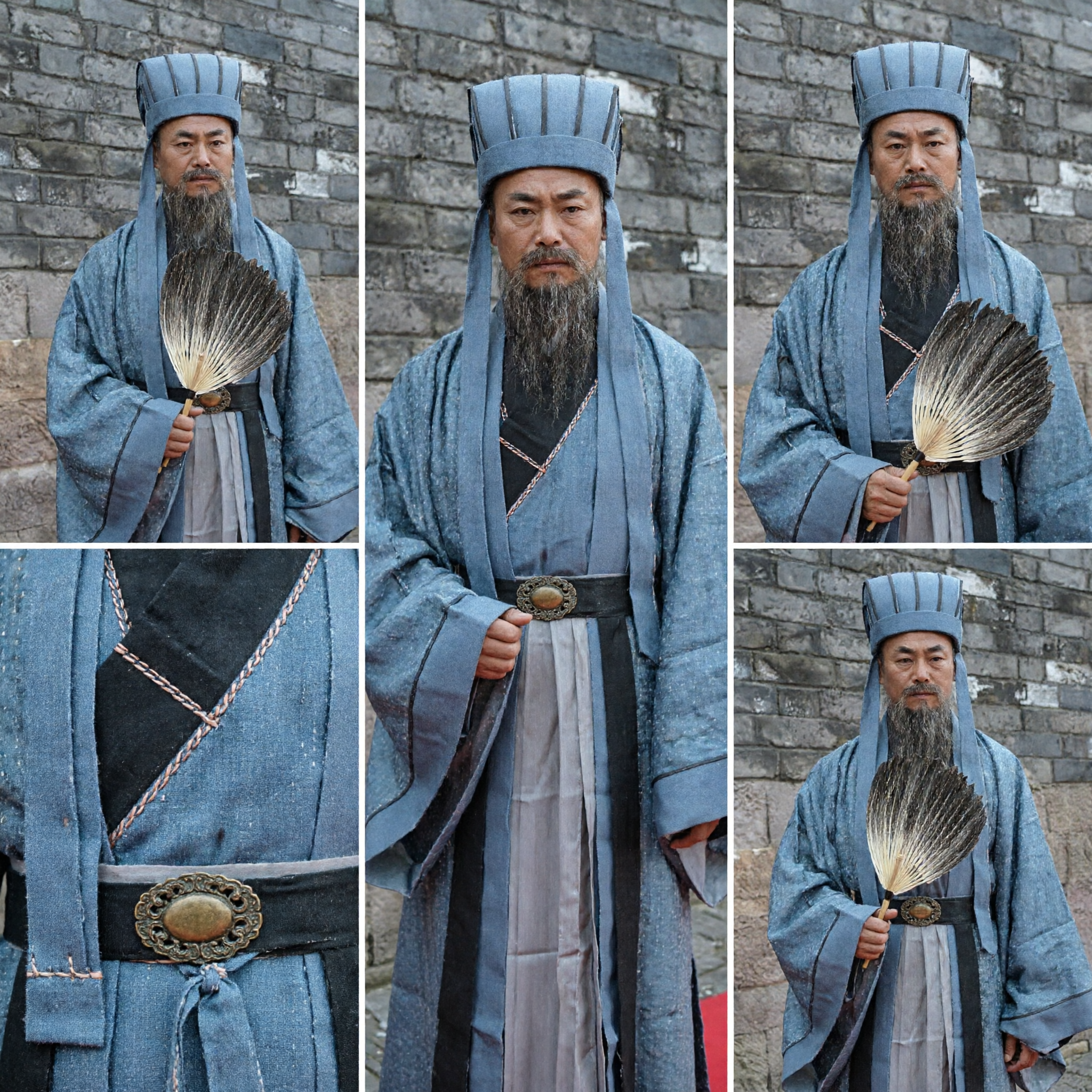 Ancient Chinese Scholar Hanfu Costume Set Blue Robe Hat Fan Men's Historical Cosplay Outfit - Asian Costume