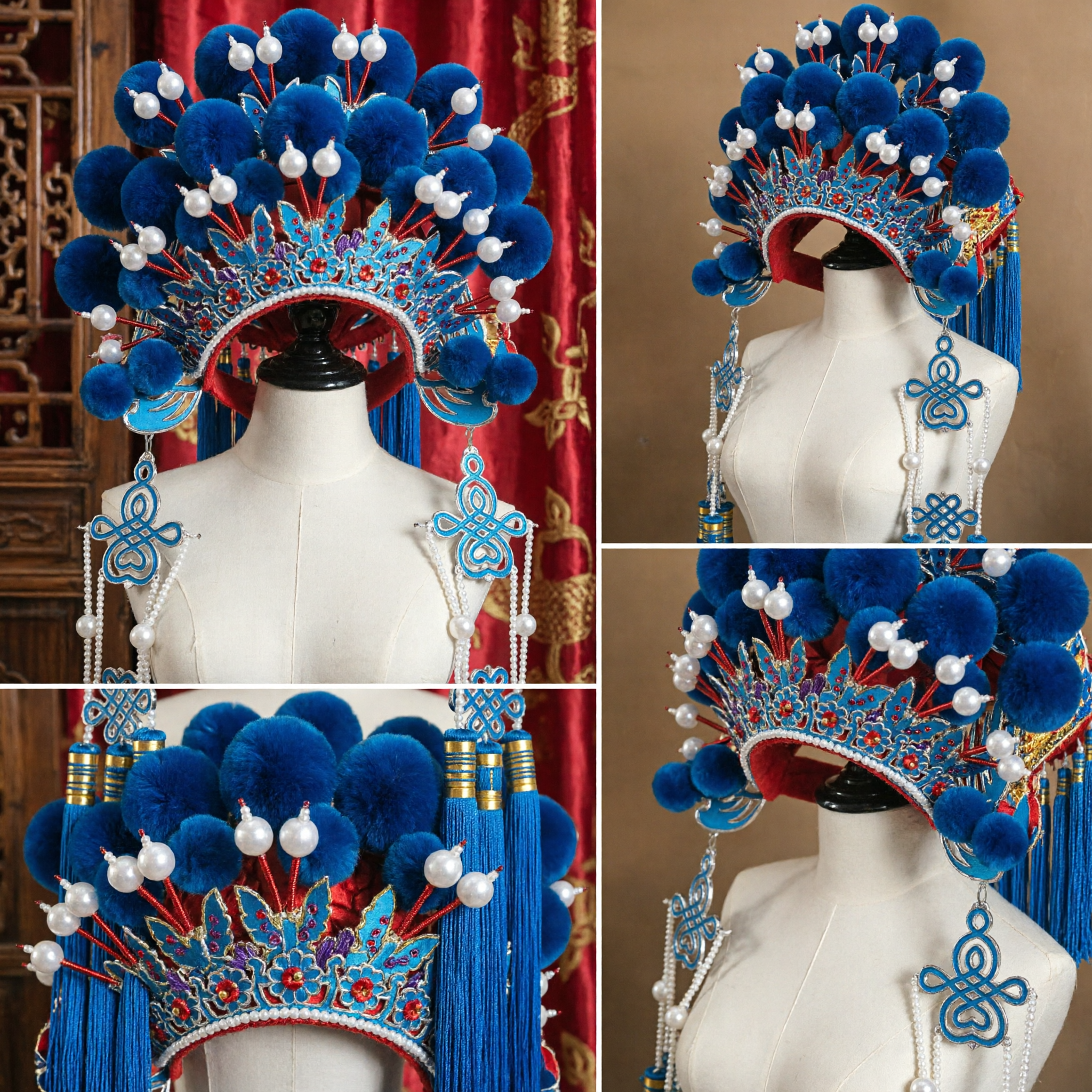 Traditional Chinese Beijing Opera Blue Phoenix Crown Headdress with Tassels for Female Performers and Weddings - Asian Costume