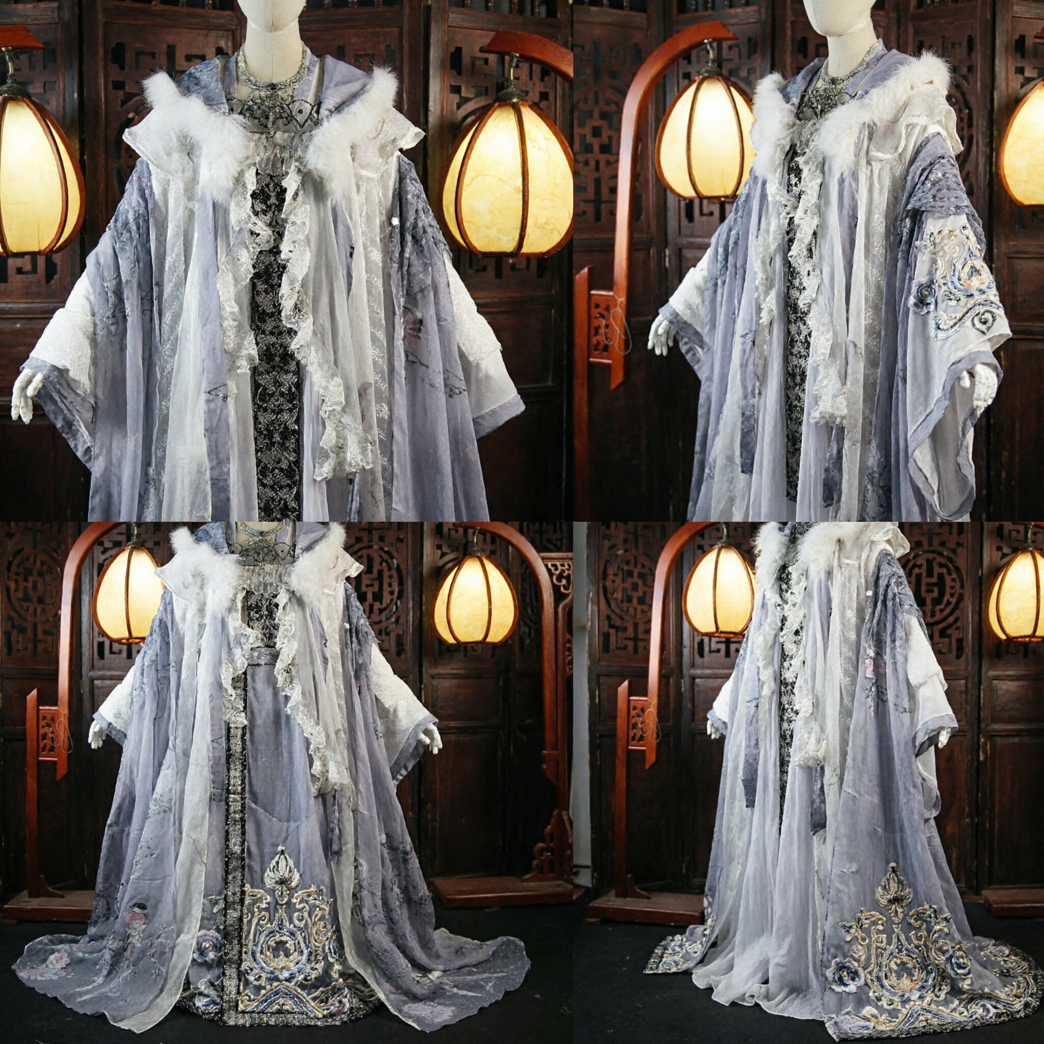 Traditional Chinese Hanfu Cloak with White Fur Trim Ancient Style Elegant Cape for Women Cosplay - Asian Costume