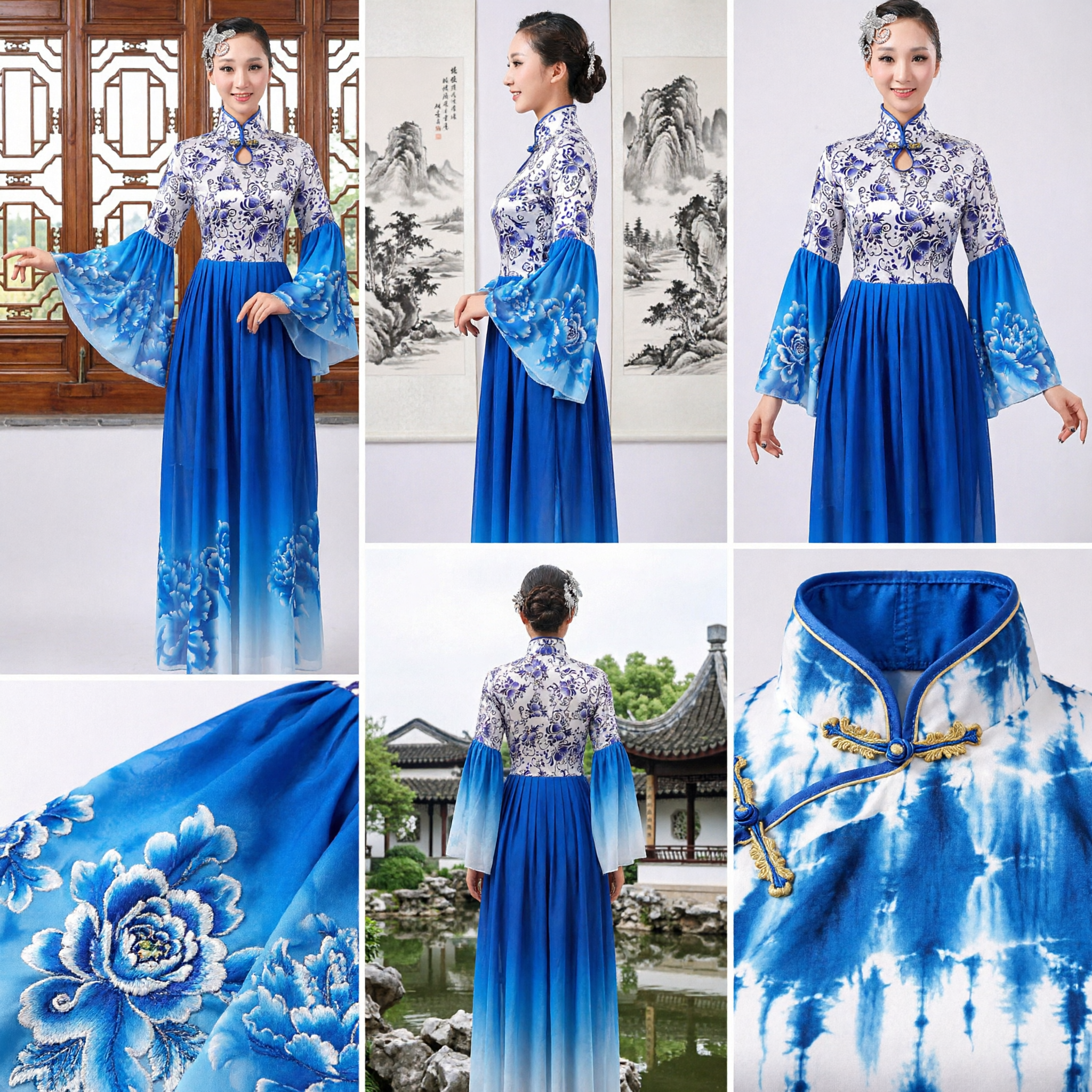 Women's Chinese Traditional Folk Dance Costume Blue Floral Water Sleeve Dress Stage Performance Outfit Long Skirt - Asian Costume