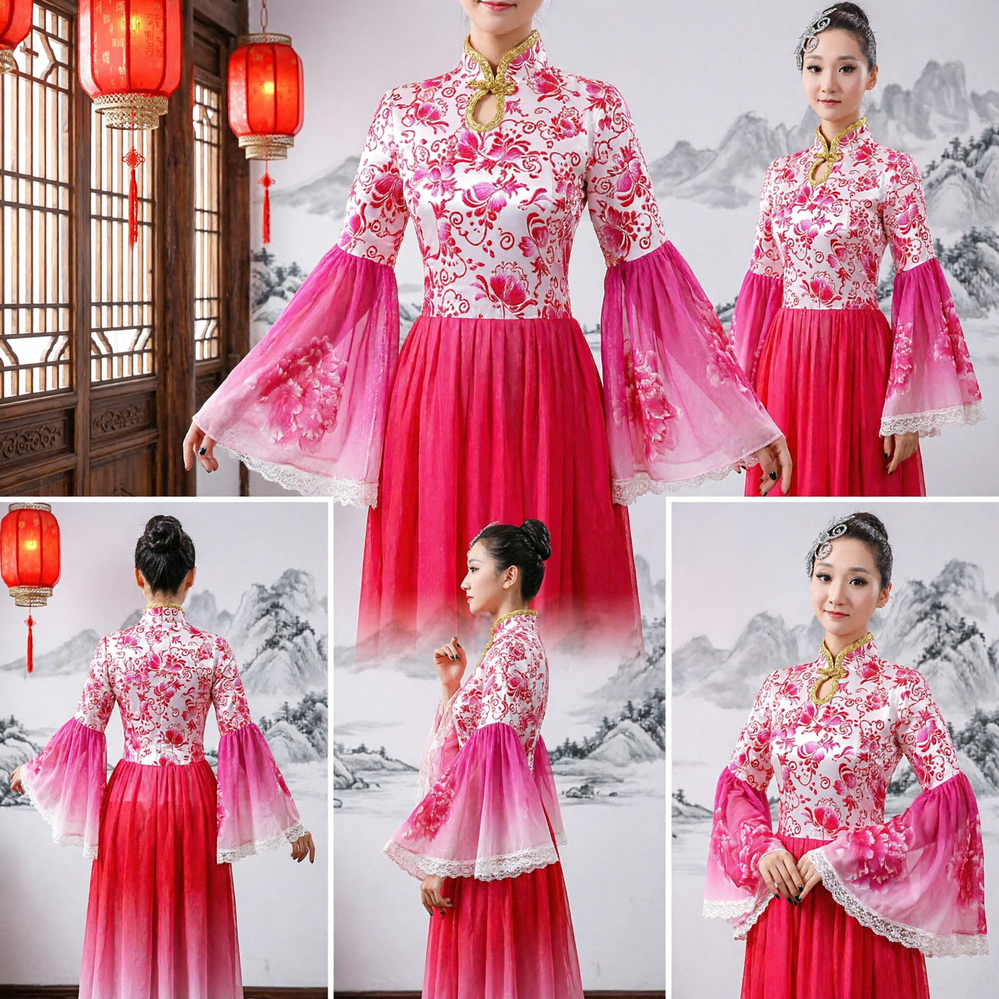 Elegant Pink Chinese Traditional Folk Dance Dress Women Floral Bell Sleeve Stage Performance Costume - Asian Costume