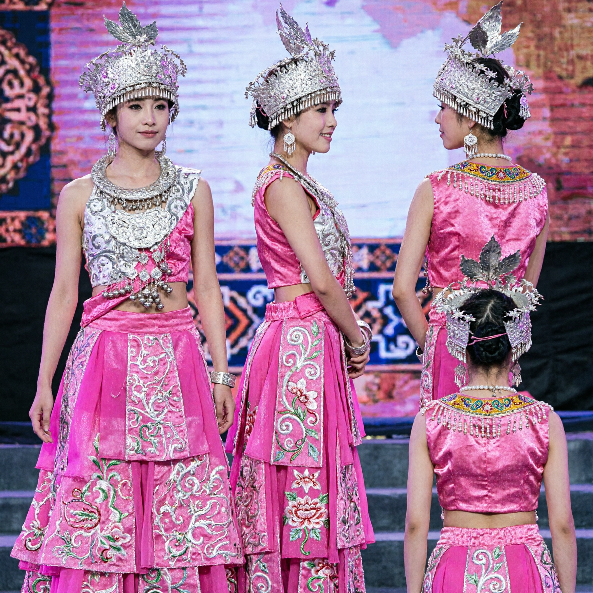 Women's Pink Chinese Miao Minority Dance Costume with Silver Headdress for Traditional Stage Performance - Asian Costume