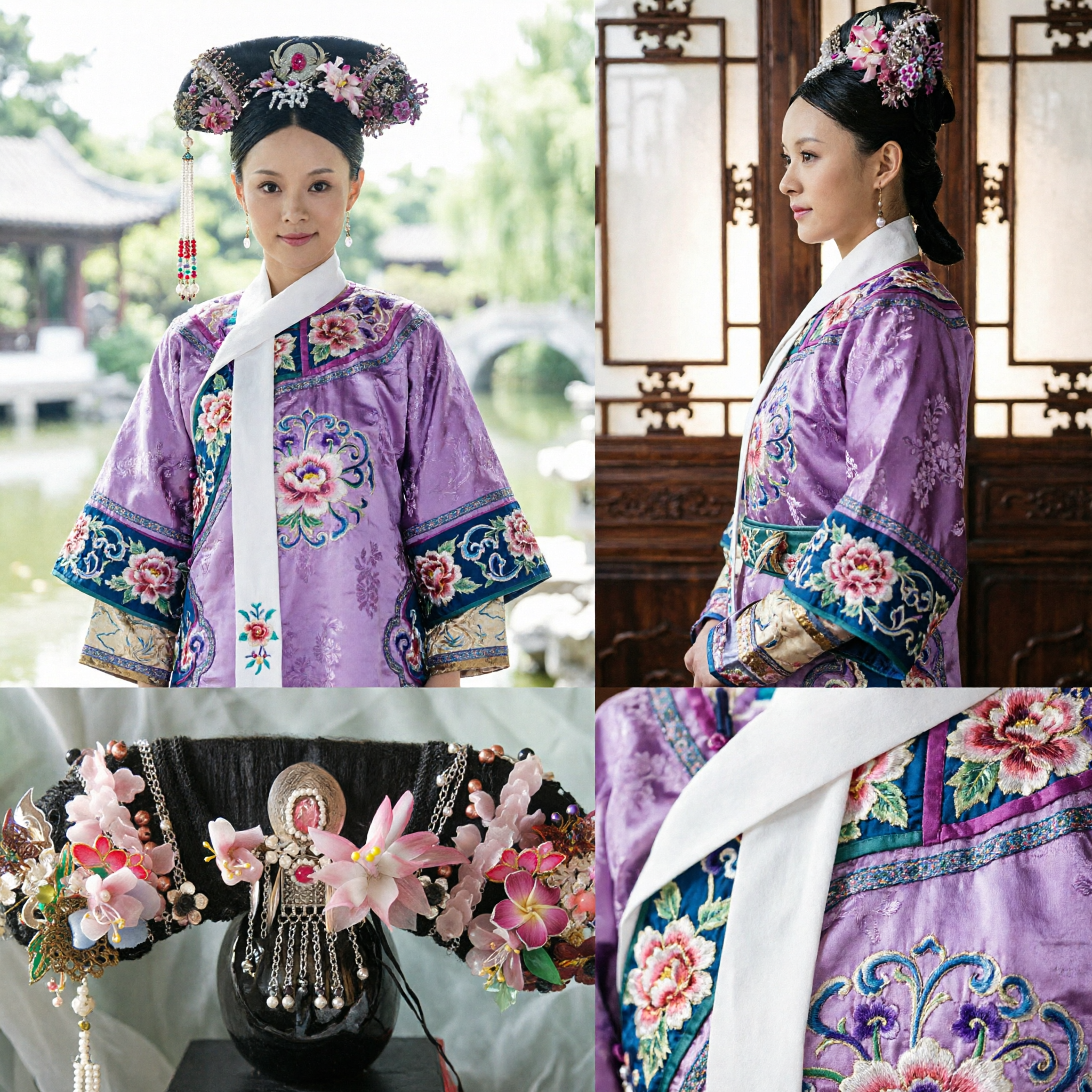 Traditional Chinese Qing Dynasty Manchu Princess Headdress Pink Floral Hair Ornament for Cosplay and Hanfu Costume - Asian Costume