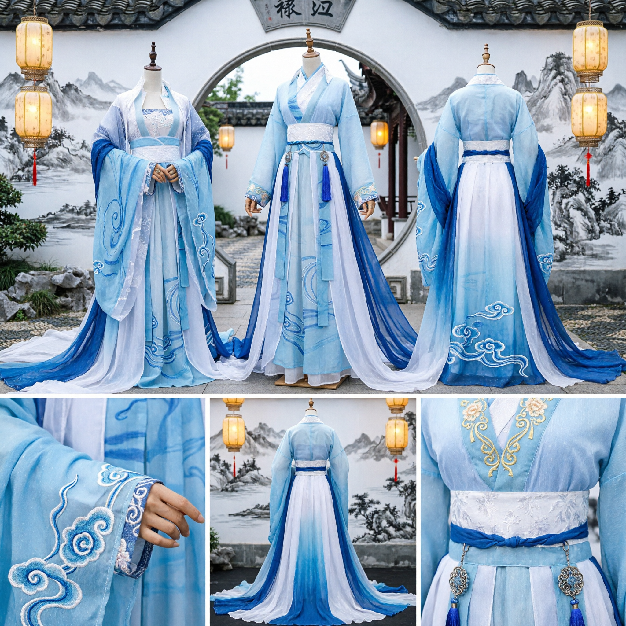 Traditional Chinese Hanfu Ancient Blue and White Gradient Robe Costume for Women Cosplay and Historical Drama - Asian Costume