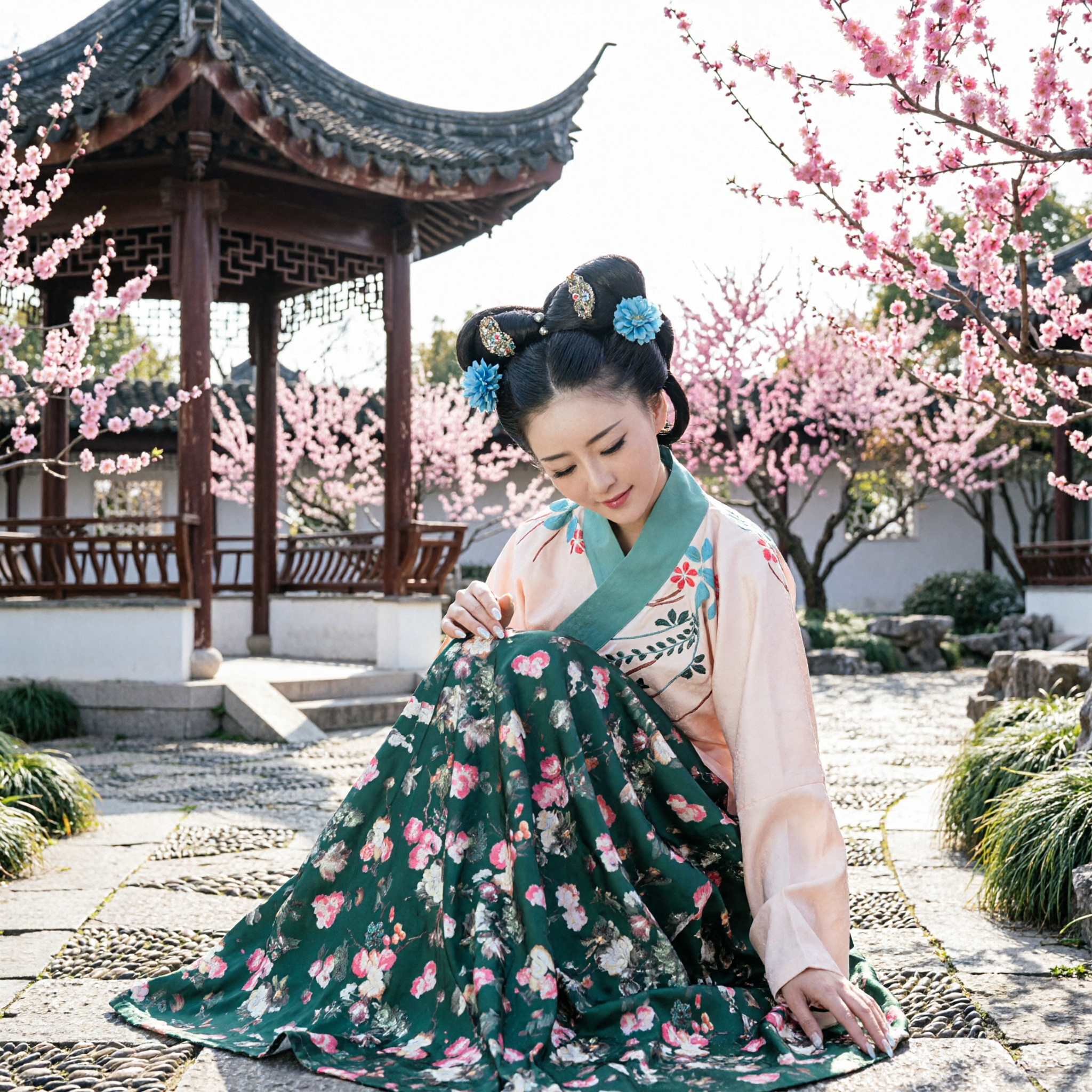 Women's Traditional Chinese Hanfu Tang Dynasty Green Floral Ruqun Skirt Set Ancient Costume for Performance - Asian Costume