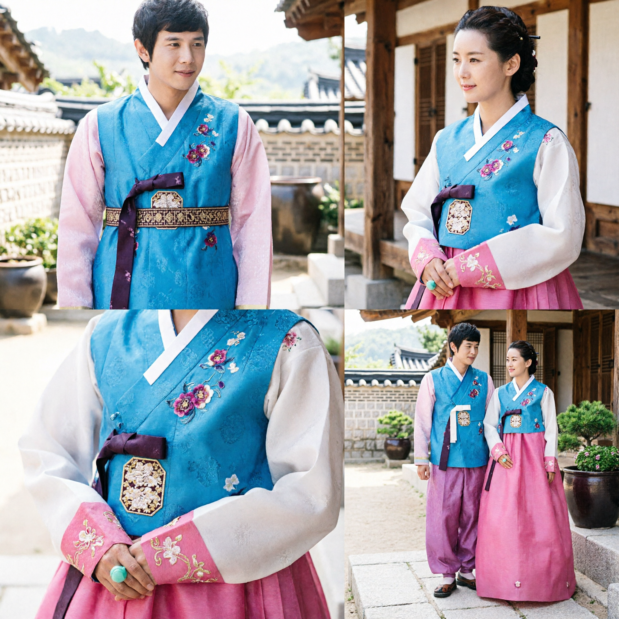 Traditional Korean Hanbok Couple Set Embroidered Blue and Pink Formal Wedding Attire for Men Women - Asian Costume
