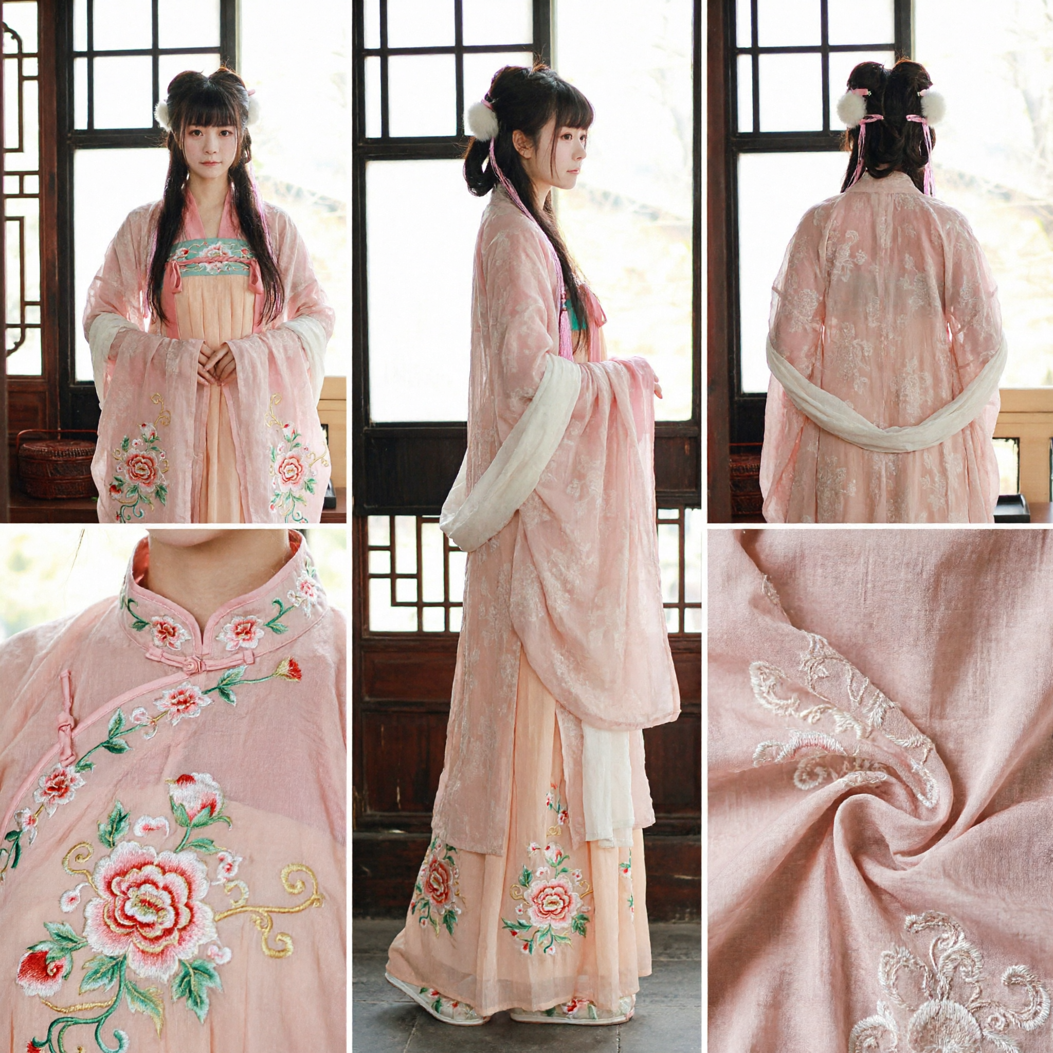 Traditional Chinese Hanfu Pink Floral Daxiushan Ancient Costume Wide Sleeve Robe for Women Photography - Asian Costume