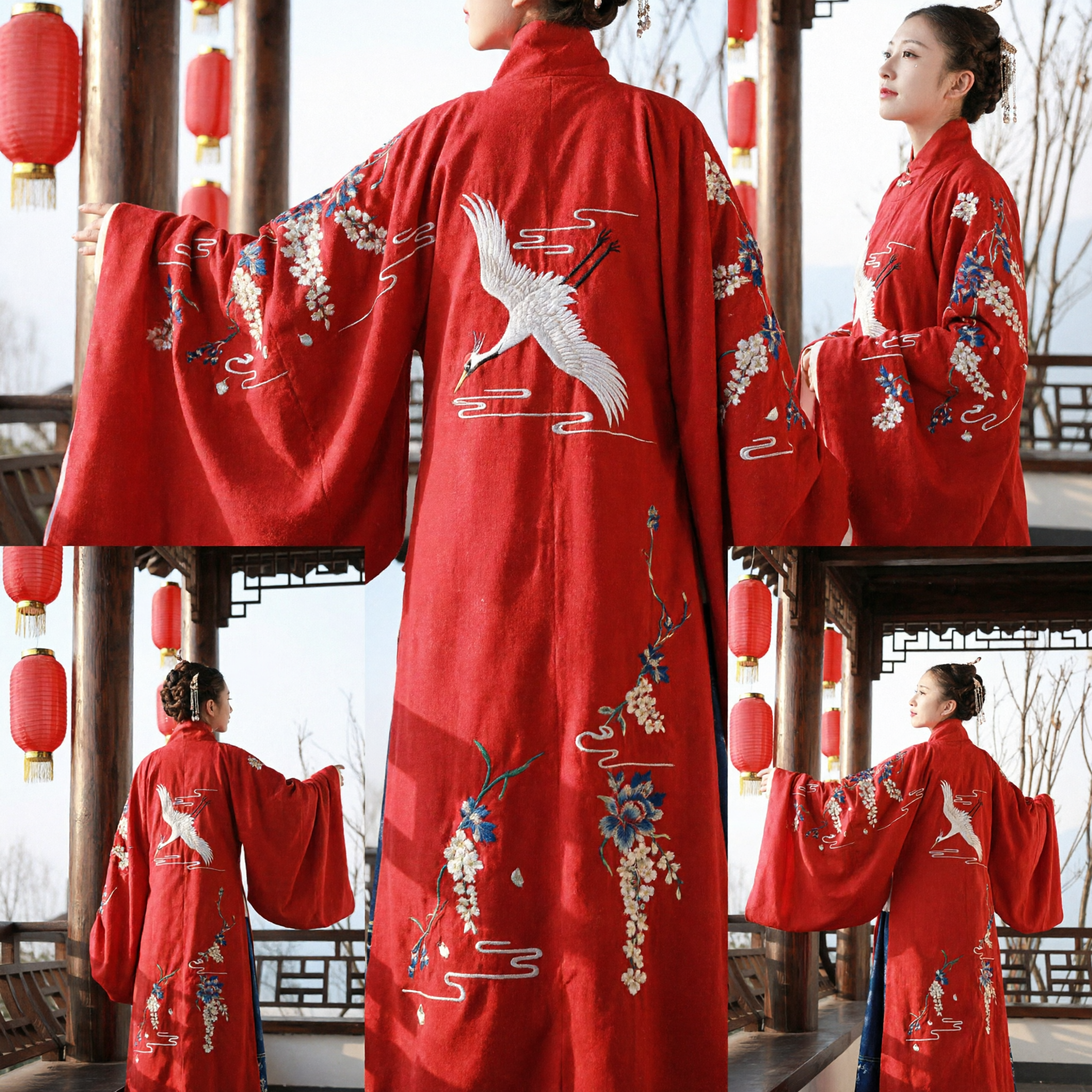 Traditional Chinese Red Hanfu Robe with Elegant Crane Embroidery for Women Ancient Costume Dress - Asian Costume