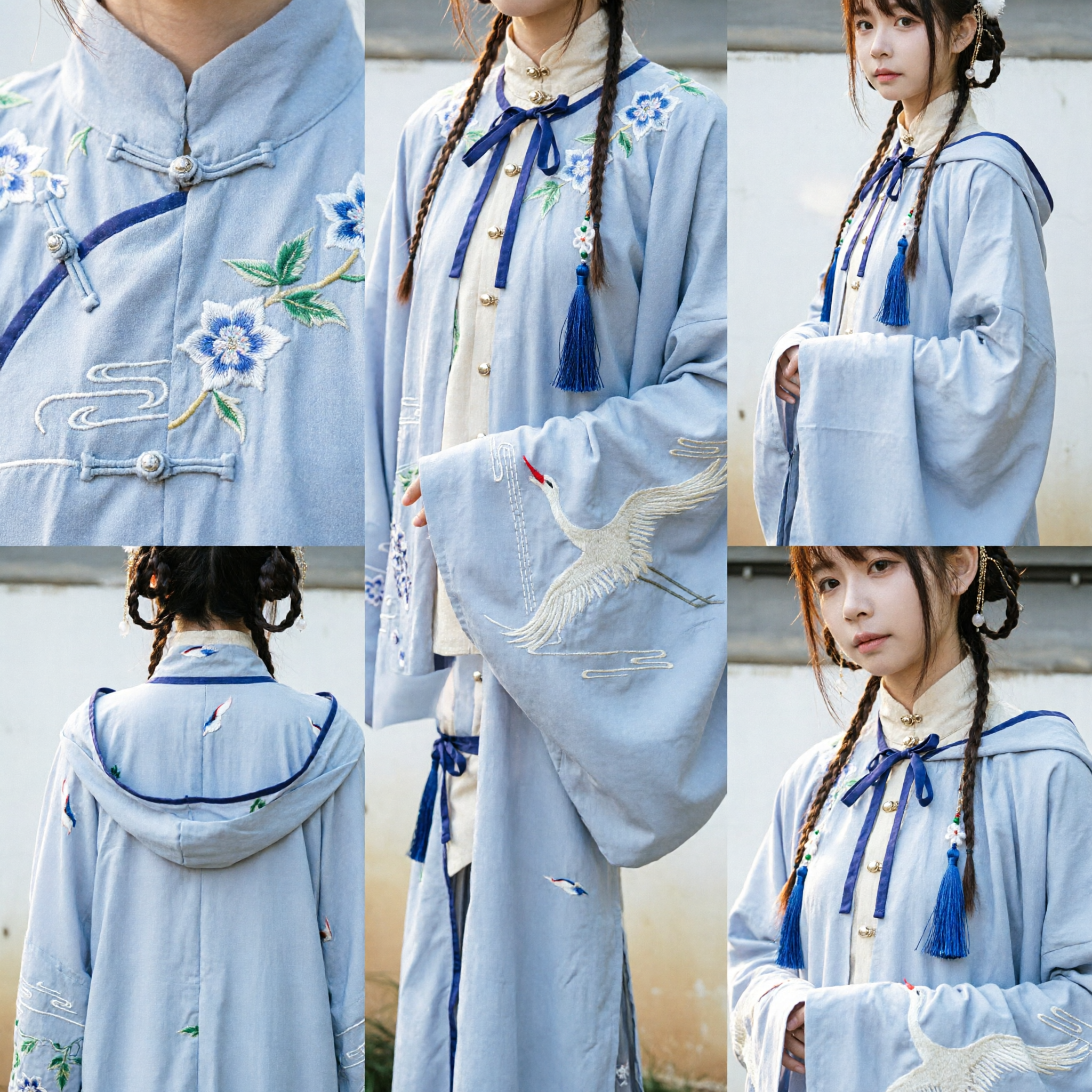 Elegant Chinese Hanfu Blue Cloak with Crane Embroidery Traditional Ancient Costume for Women Cosplay - Asian Costume