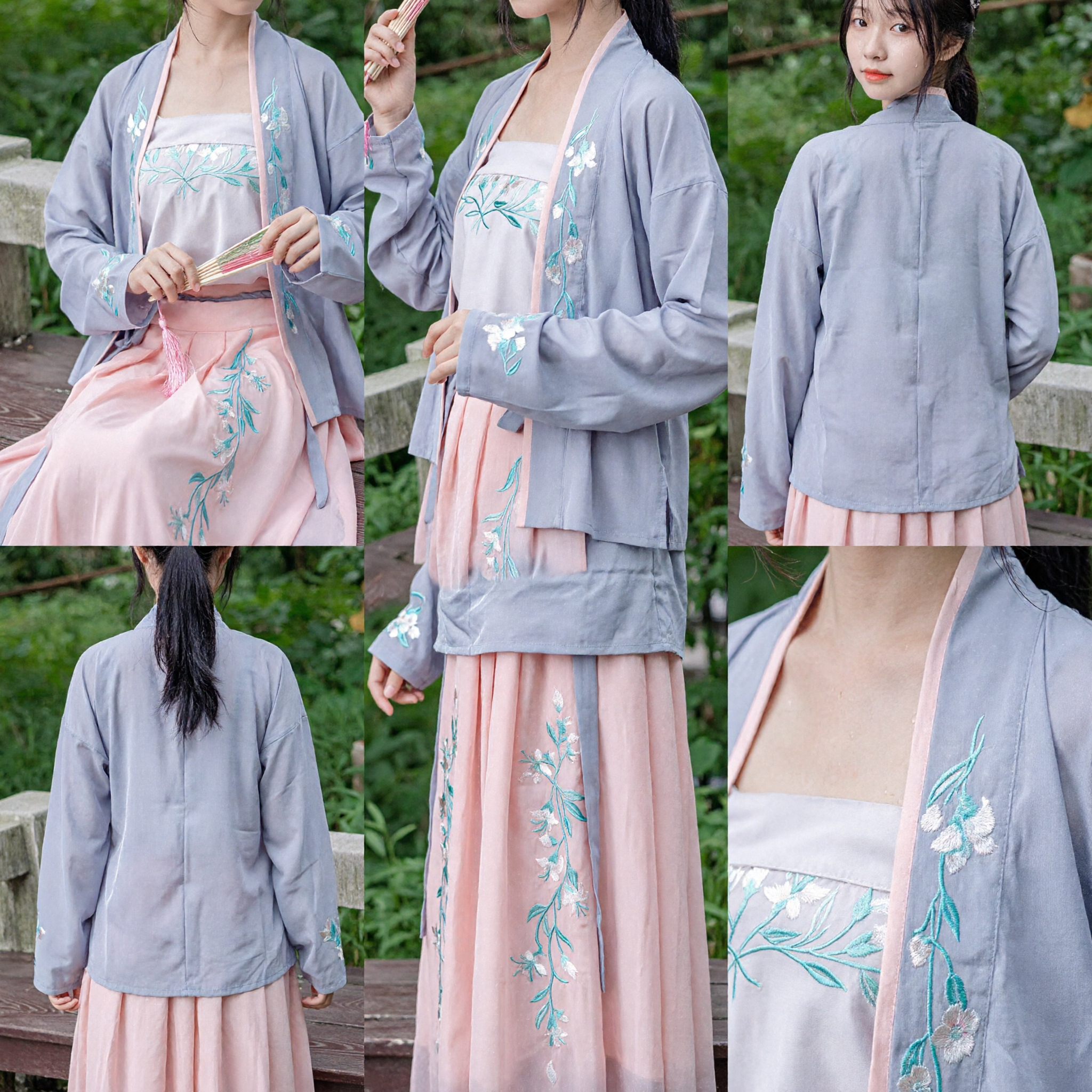 Traditional Chinese Hanfu Costume Song Dynasty Style Blue Embroidered Beizi and Pink Skirt Set for Women - Asian Costume