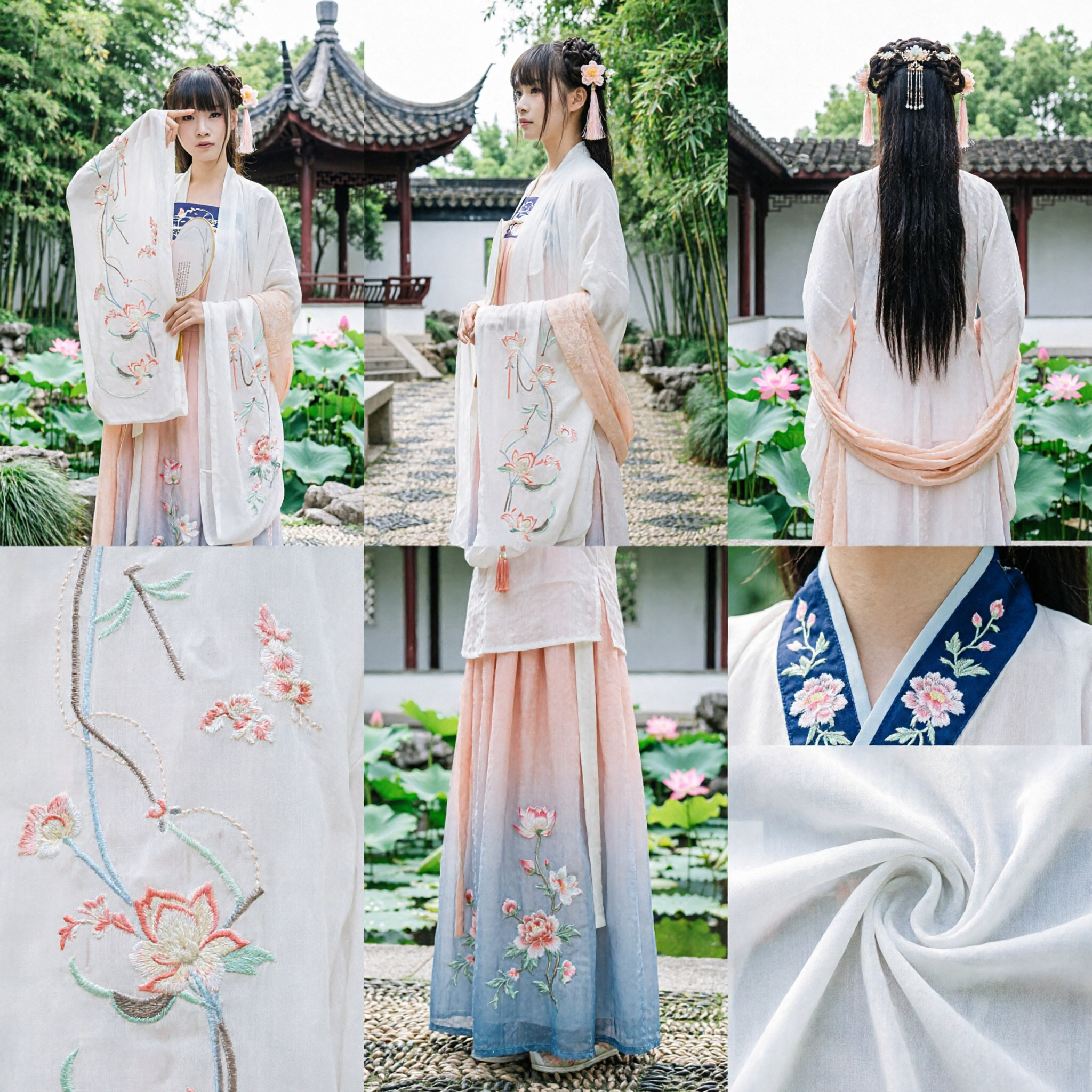 Elegant Ancient Chinese Hanfu Costume Set for Women featuring Floral Embroidered Robe and Traditional Round Fan - Asian Costume