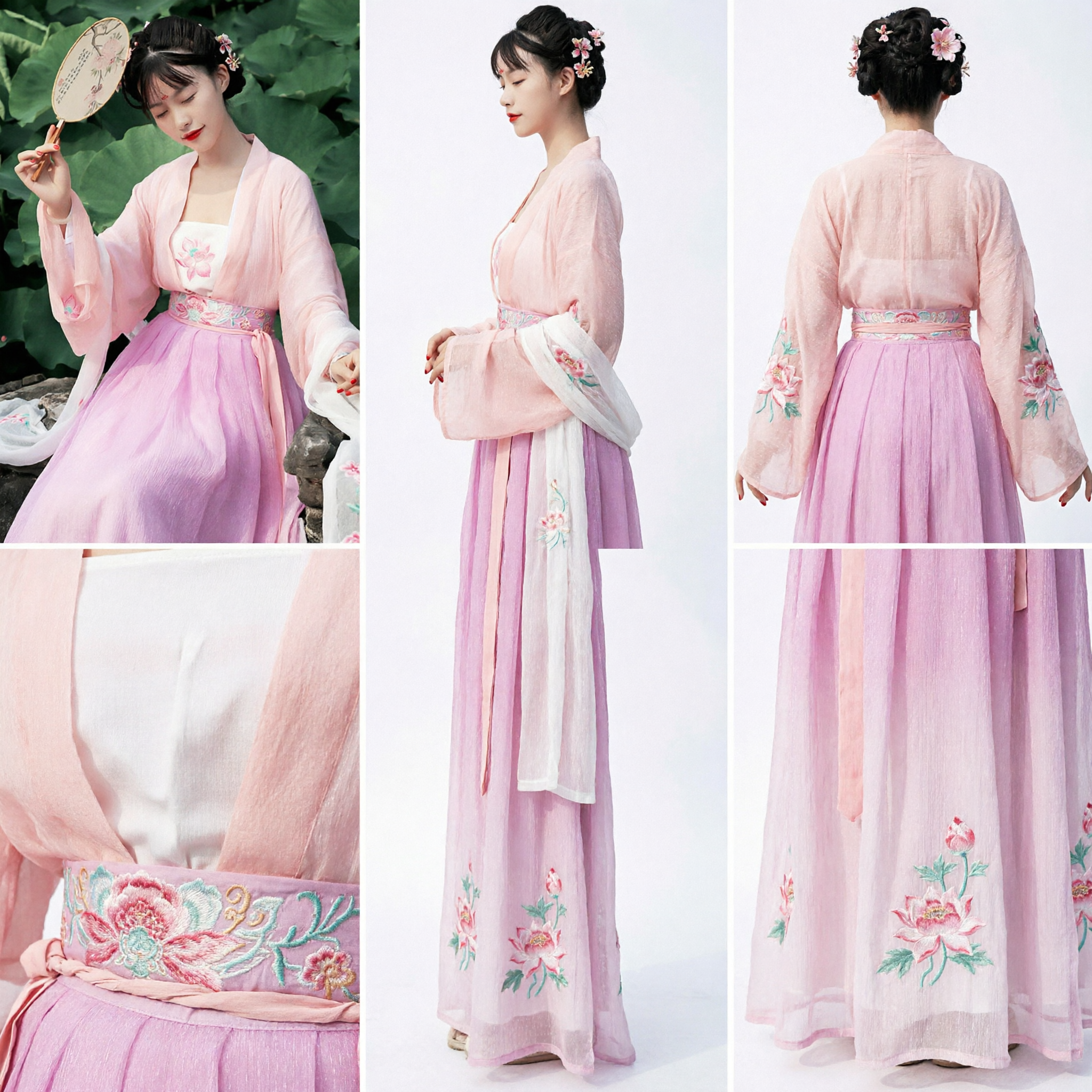 Pink Embroidered Hanfu Traditional Chinese Costume Ancient Tang Dynasty Dress for Women Summer Photography - Asian Costume