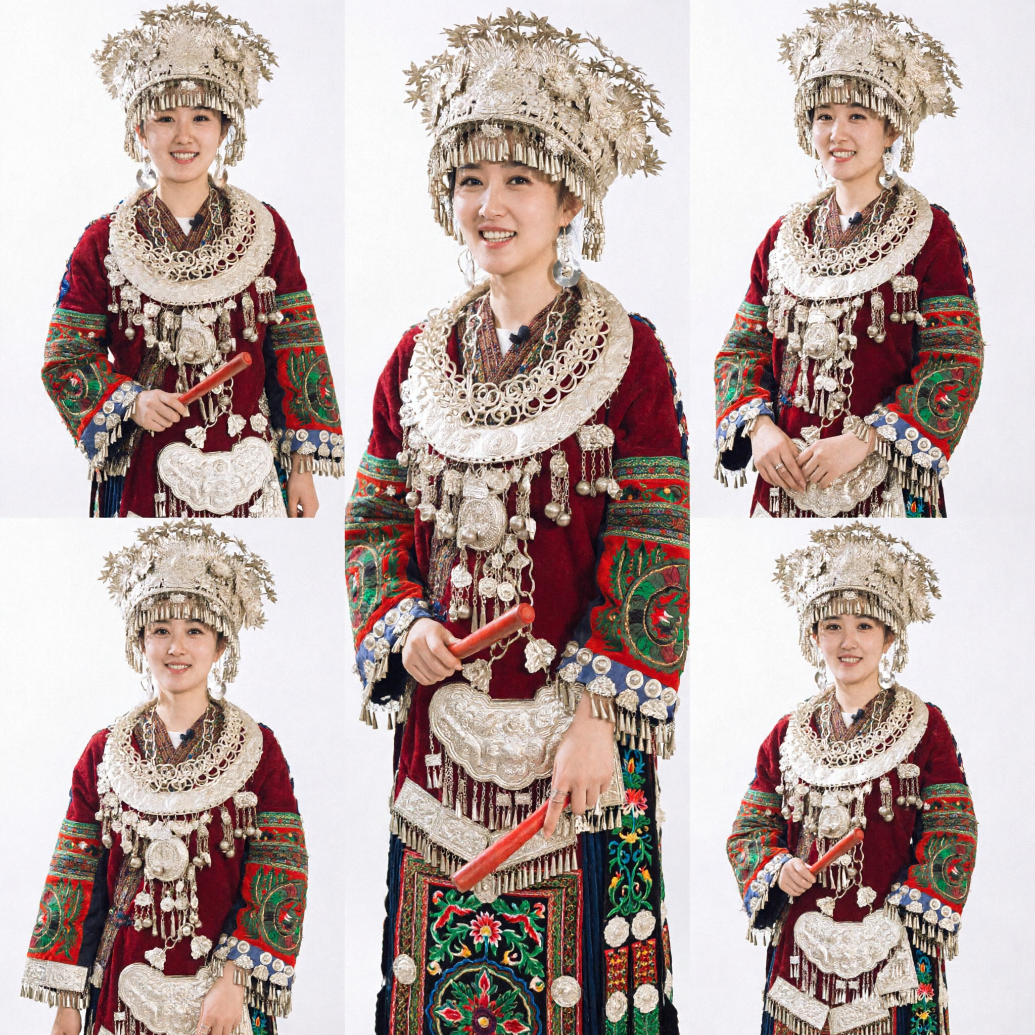Traditional Chinese Miao Ethnic Minority Dance Costume Complete Set with Silver Headdress and Red Dress for Women - Asian Costume