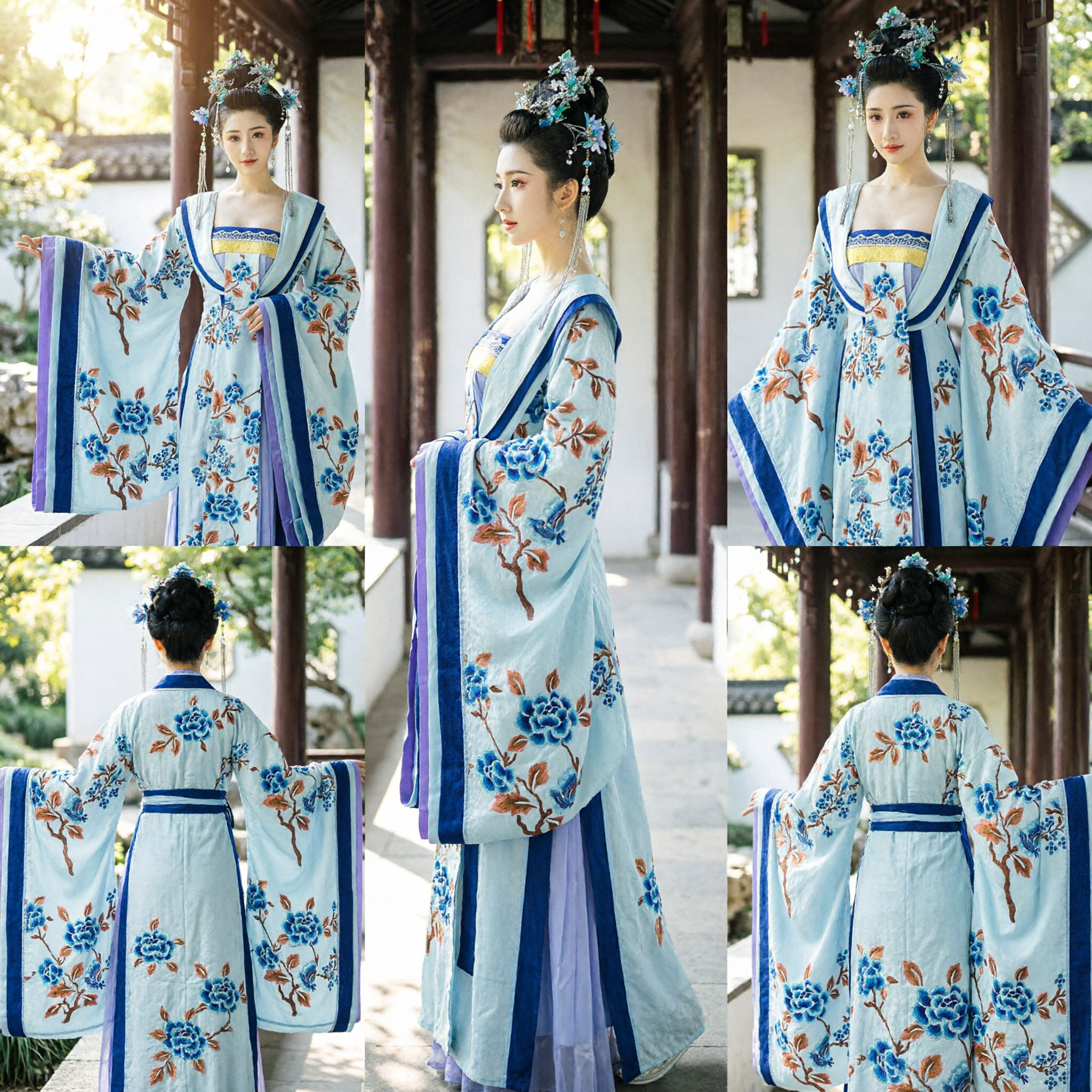 Ancient Chinese Hanfu Tang Dynasty Blue Floral Ruqun Dress for Women Cosplay and Stage Performance - Asian Costume