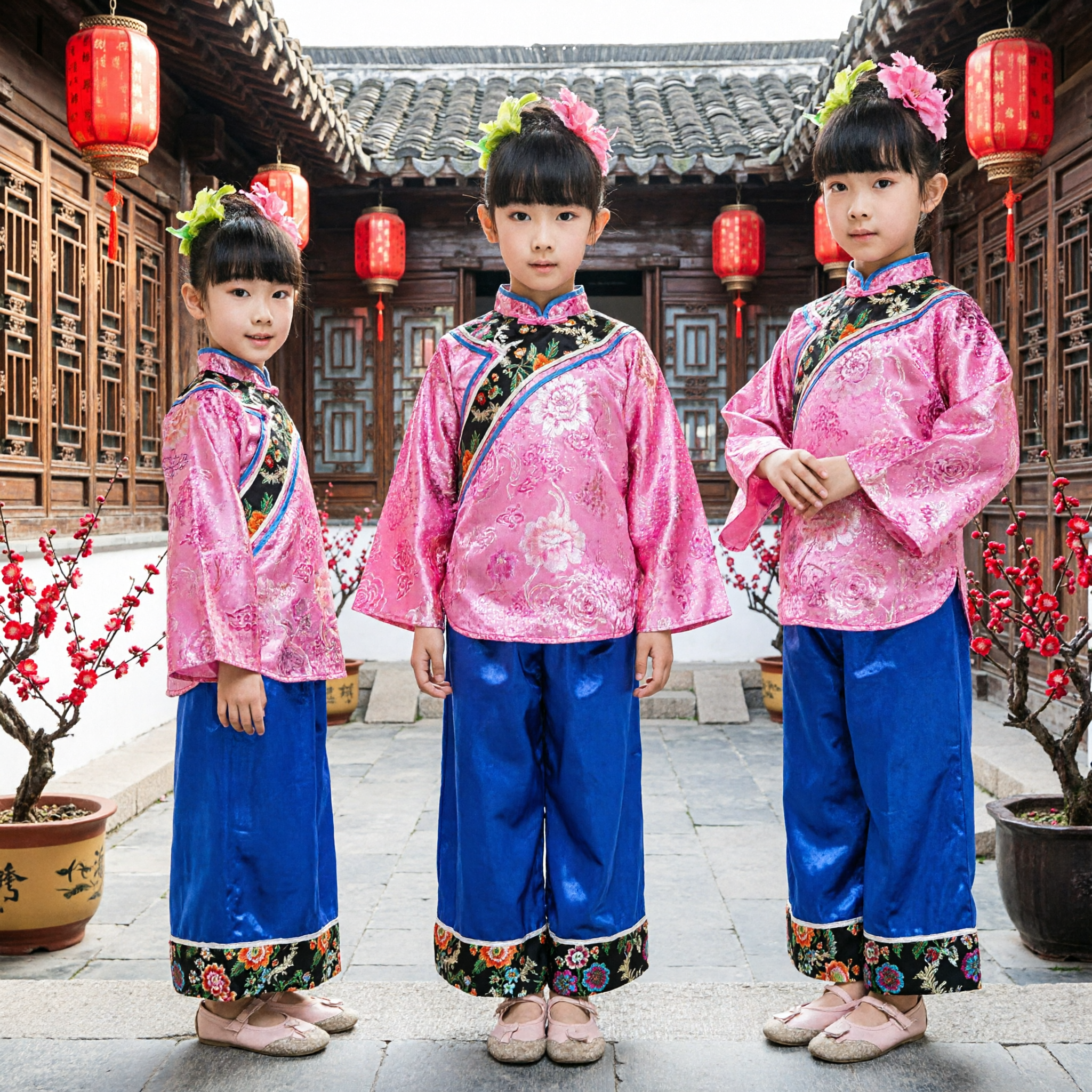 Traditional Chinese Folk Dance Costume for Girls Pink Satin Top Blue Pants Kids Performance Wear - Asian Costume