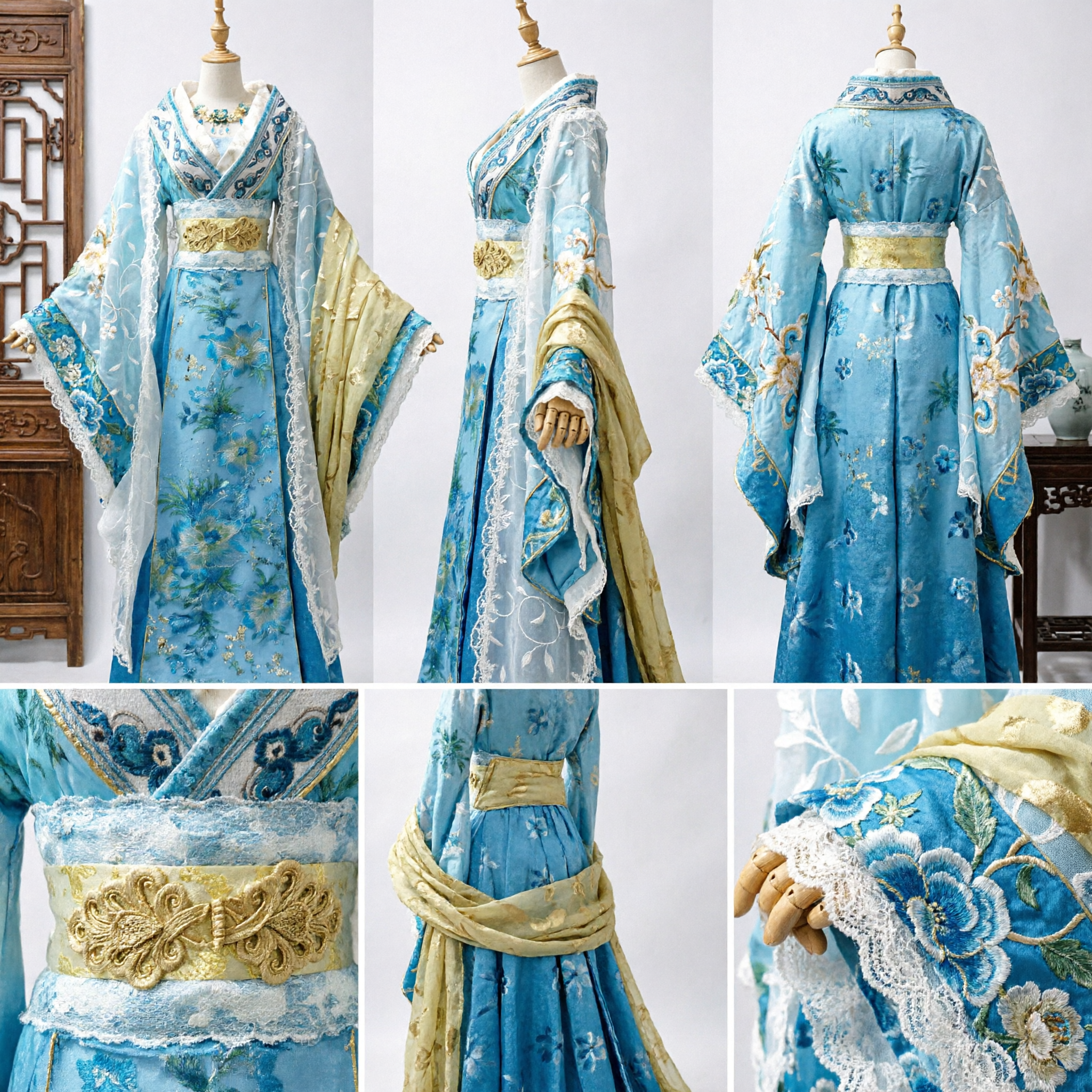 Women's Blue Floral Embroidered Hanfu Chinese Traditional Ancient Fairy Costume for Cosplay Dance Performance - Asian Costume