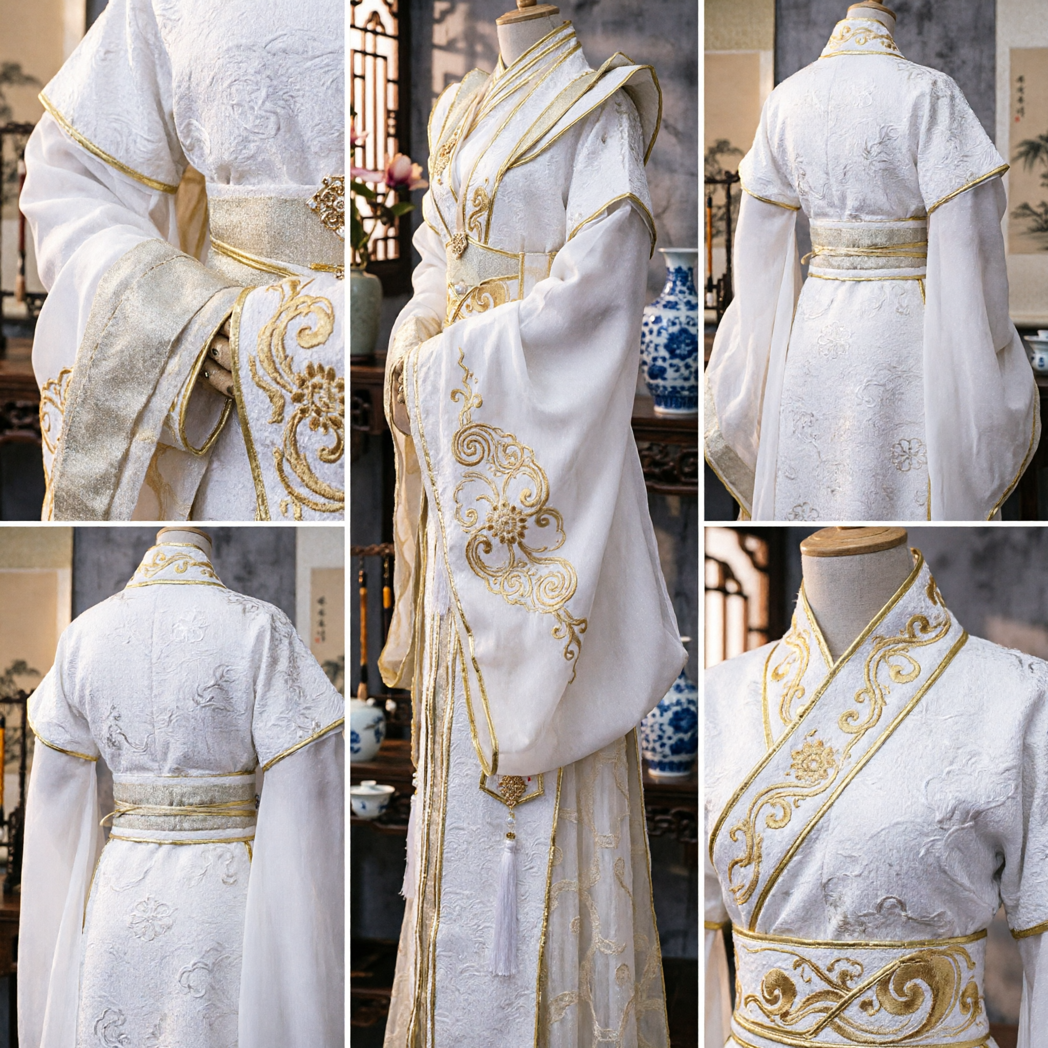 Traditional Chinese Hanfu Costume White and Gold Ancient Nobleman Robe for Men Cosplay Performance - Asian Costume