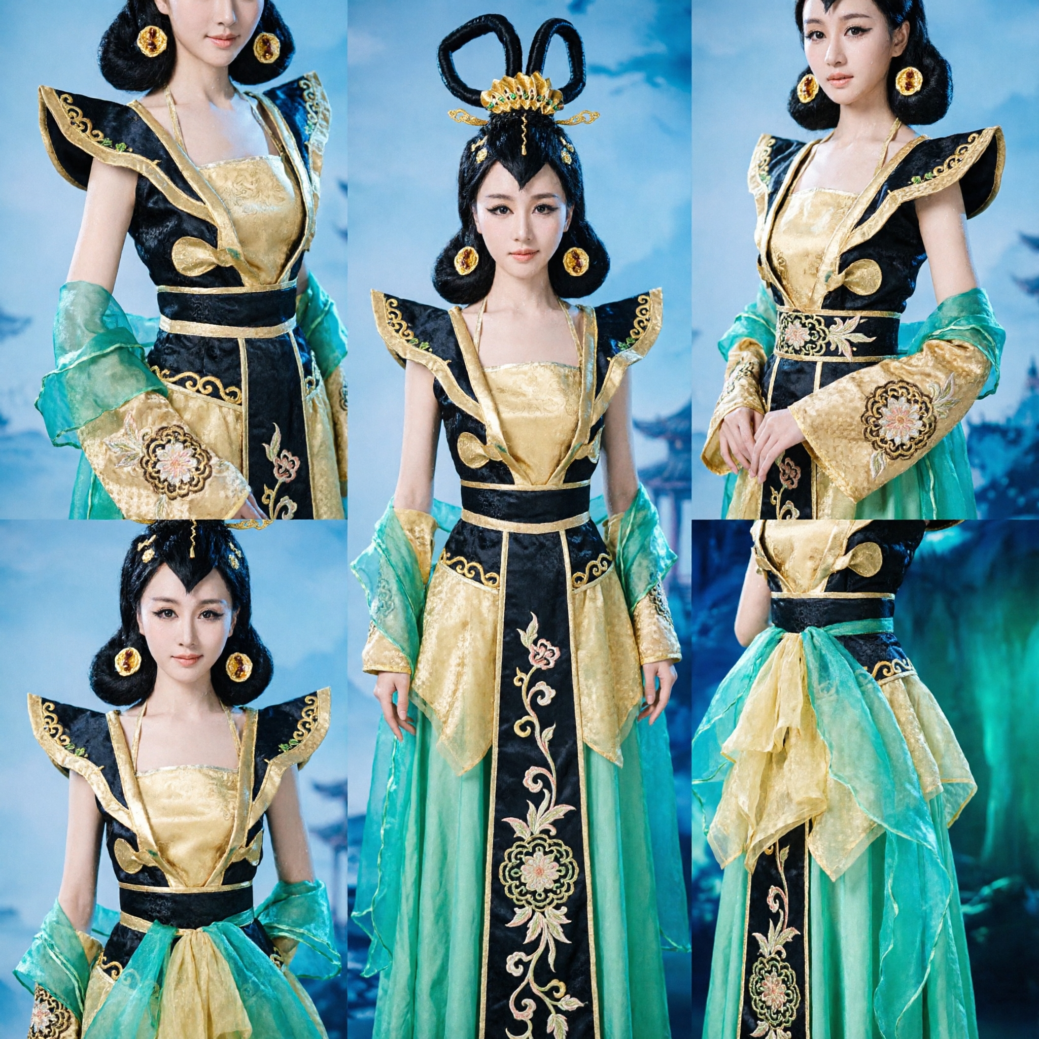 Chinese Ancient Green Fairy Hanfu Costume Complete Set with Headdress for Women Dance Performance - Asian Costume
