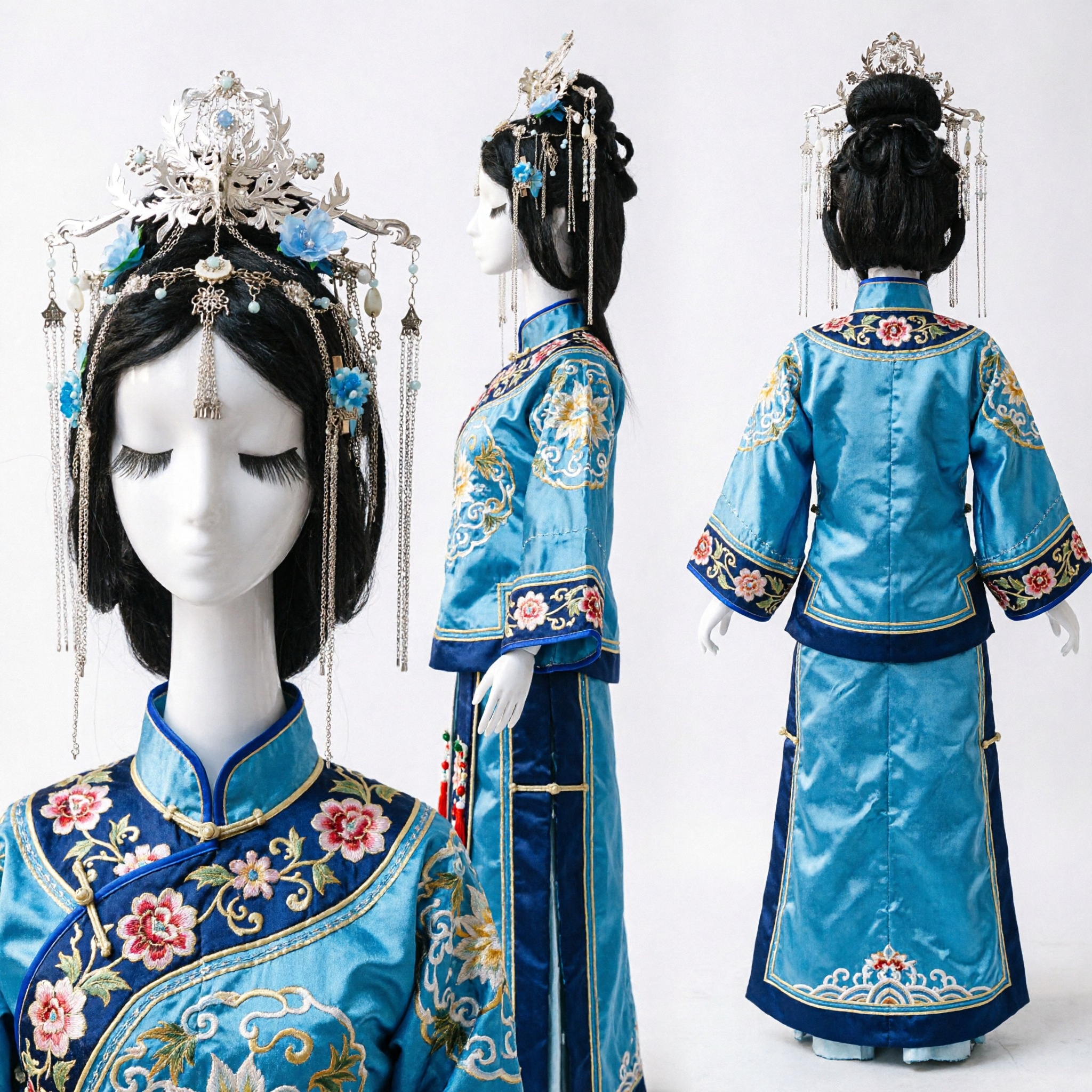 Traditional Chinese Phoenix Crown Hair Accessories Blue Floral Hanfu Headpiece Ancient Costume Jewelry for Women - Asian Costume