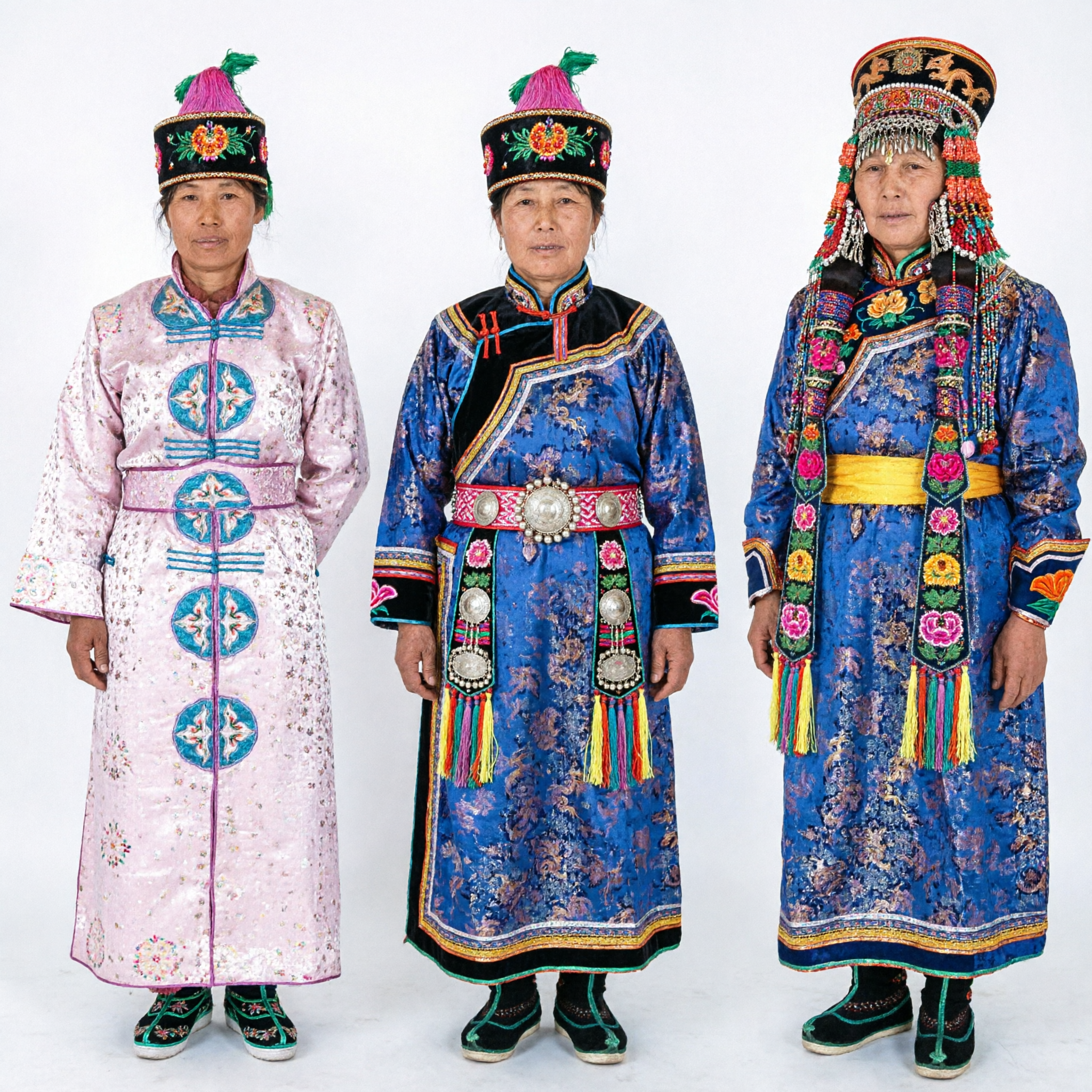 Traditional Mongolian Ethnic Costume Blue and Pink Embroidered Deel Dress Set with Headdress for Women and Children - Asian Costume