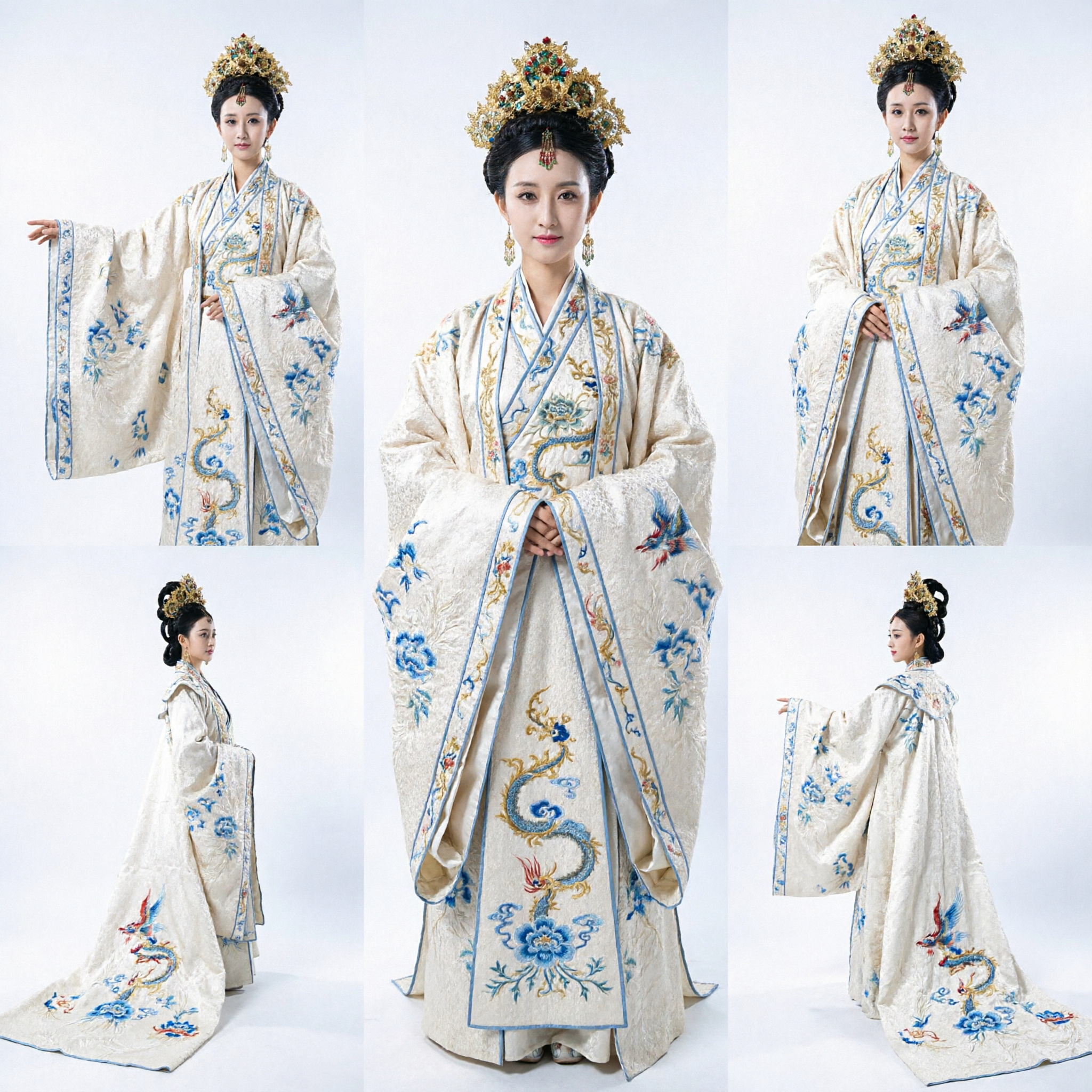 Traditional Chinese Ancient Empress Costume White Blue Embroidered Hanfu Stage Performance Dress for Women - Asian Costume