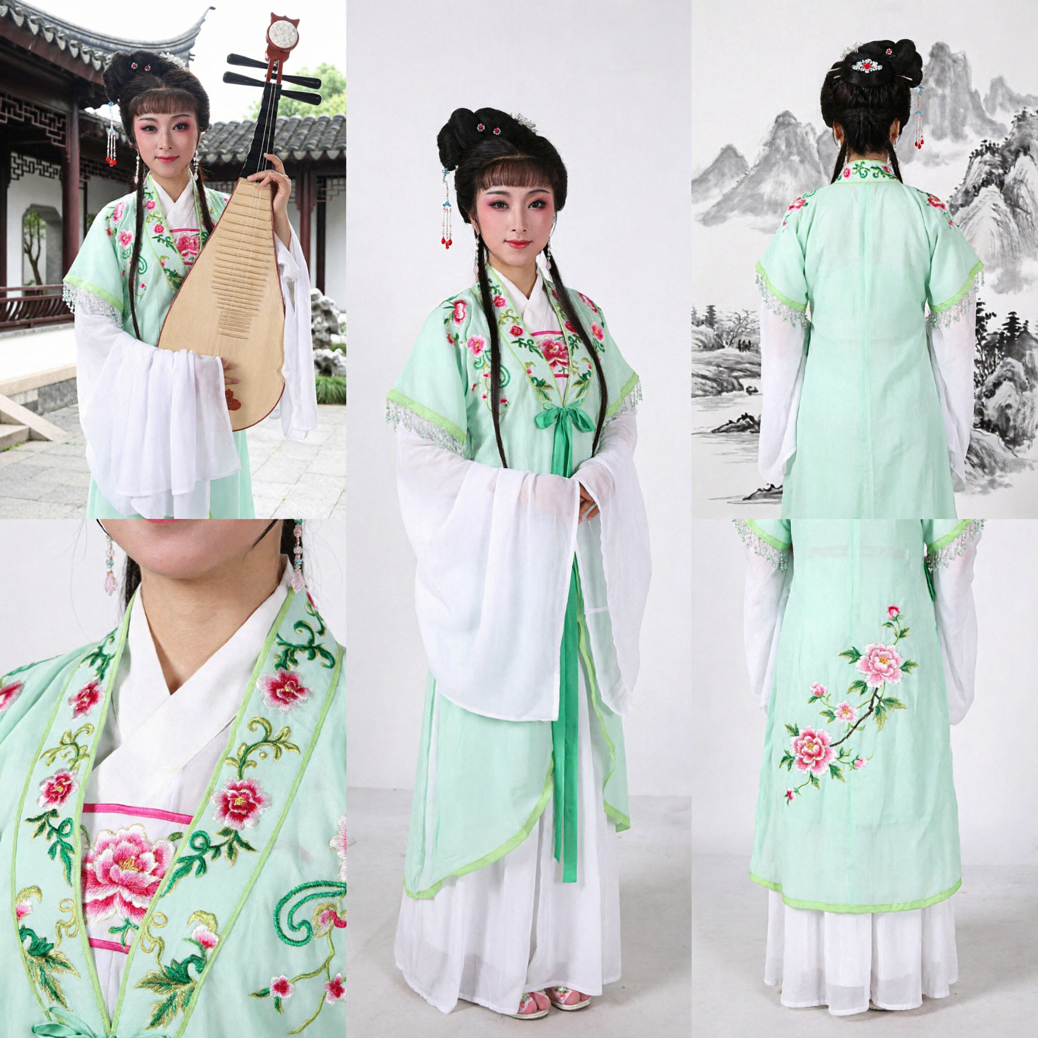 Traditional Chinese Opera Costume Ancient Green Hanfu Dress with Floral Embroidery for Women Stage Performance - Asian Costume
