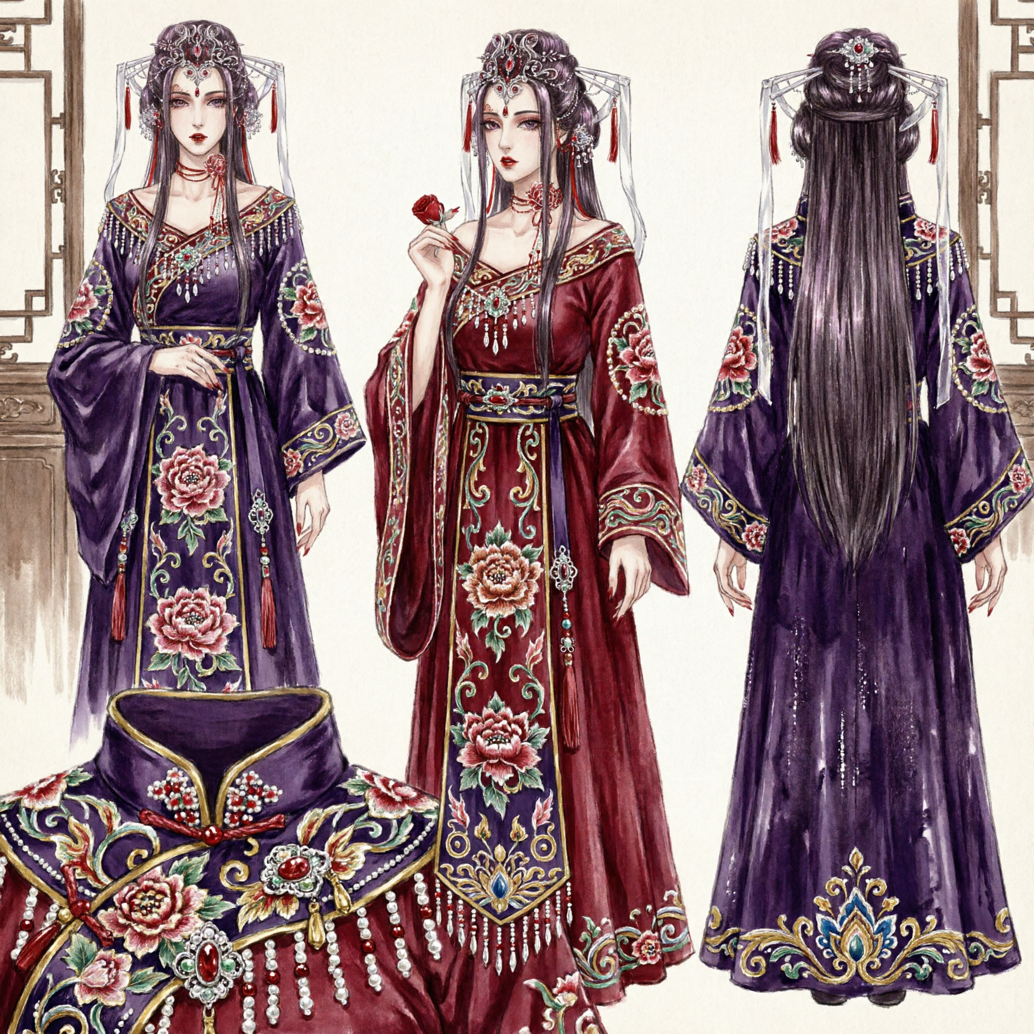 Ensemble perruque violette de déesse Xianxia chinoise ancienne et coiffe argentée élaborée pour cosplay Hanfu femmes - Asian Costume