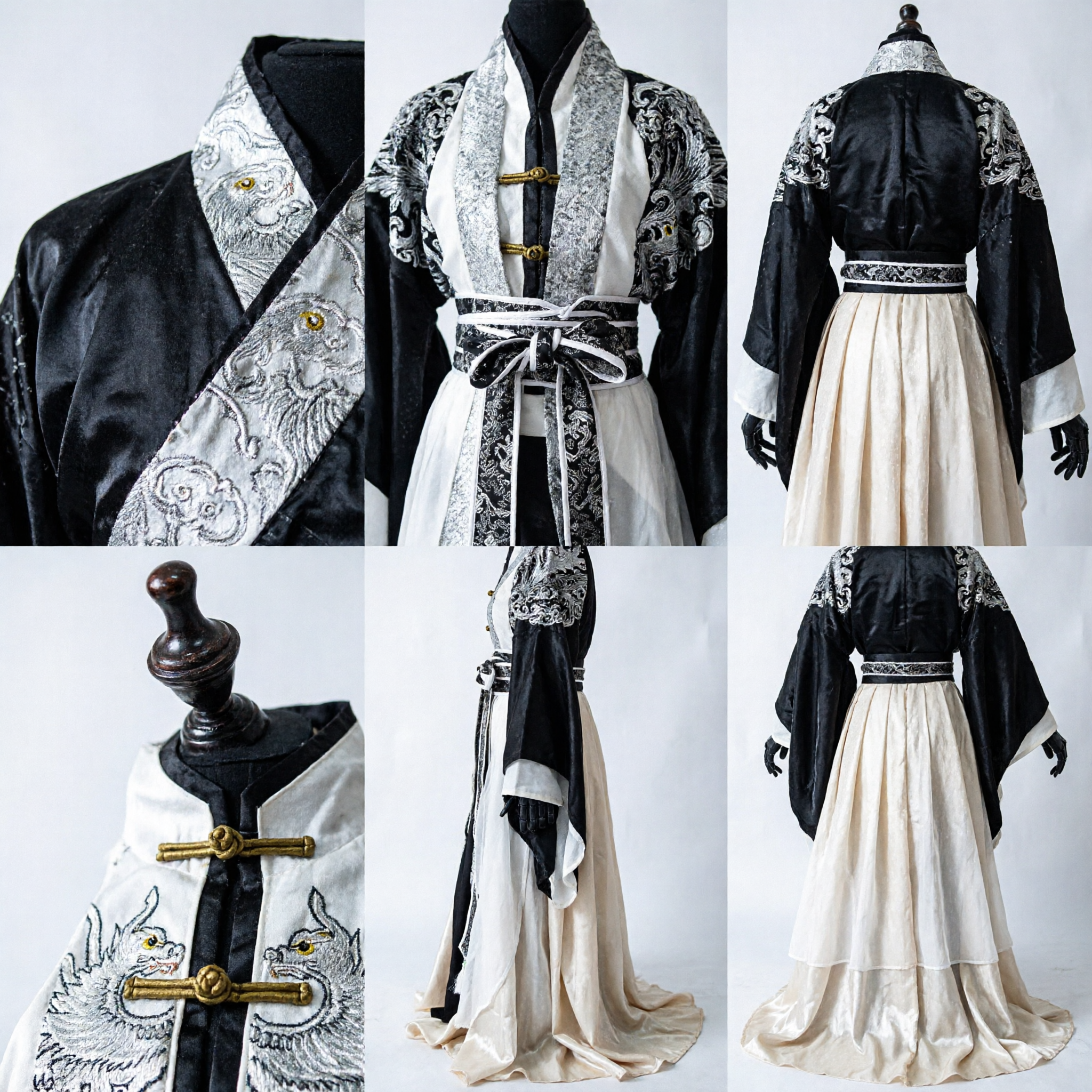 Traditional Chinese Men's Hanfu Black and White Ancient Costume Wuxia Swordsman Cosplay Outfit for Stage Performance - Asian Costume