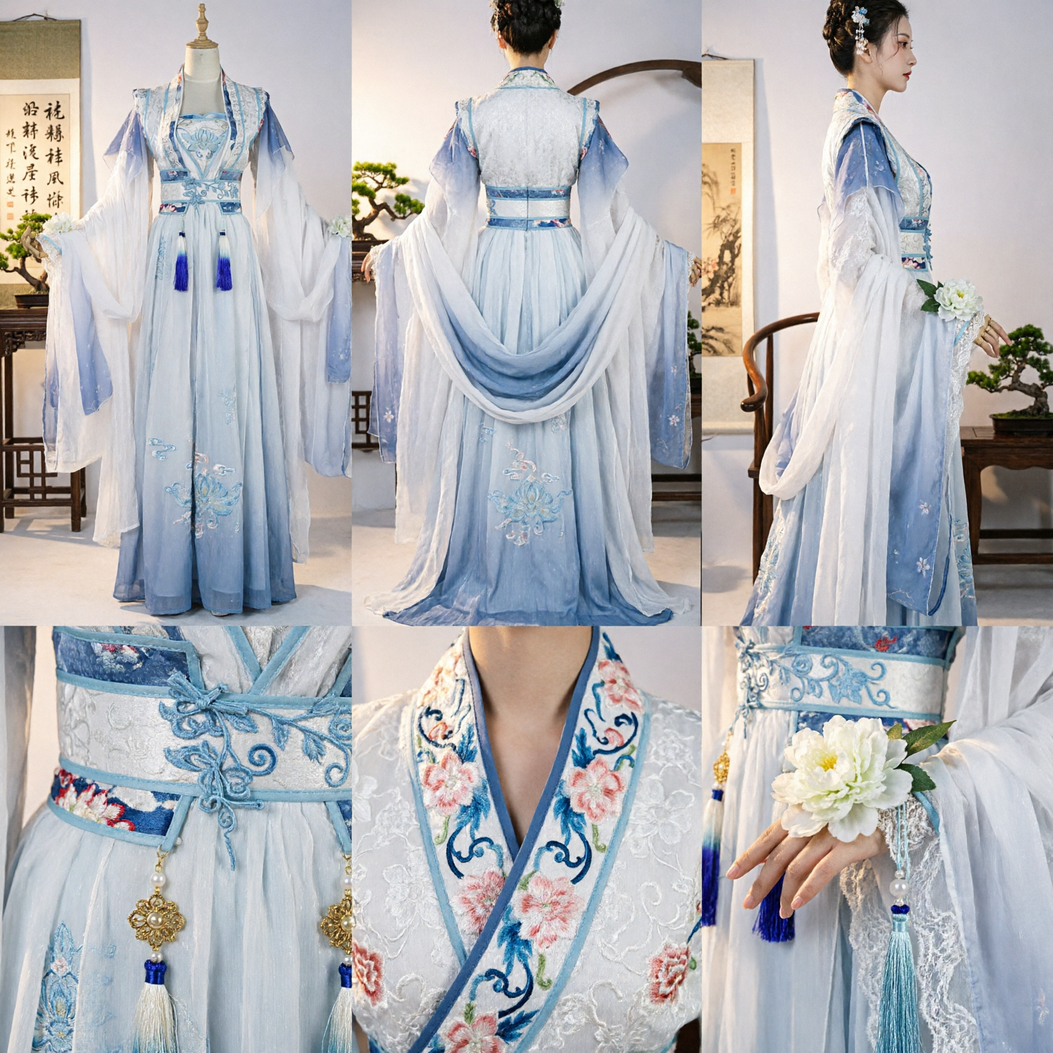 Elegant Blue and White Chinese Hanfu Dress Traditional Embroidered Ancient Fairy Costume for Women Cosplay - Asian Costume