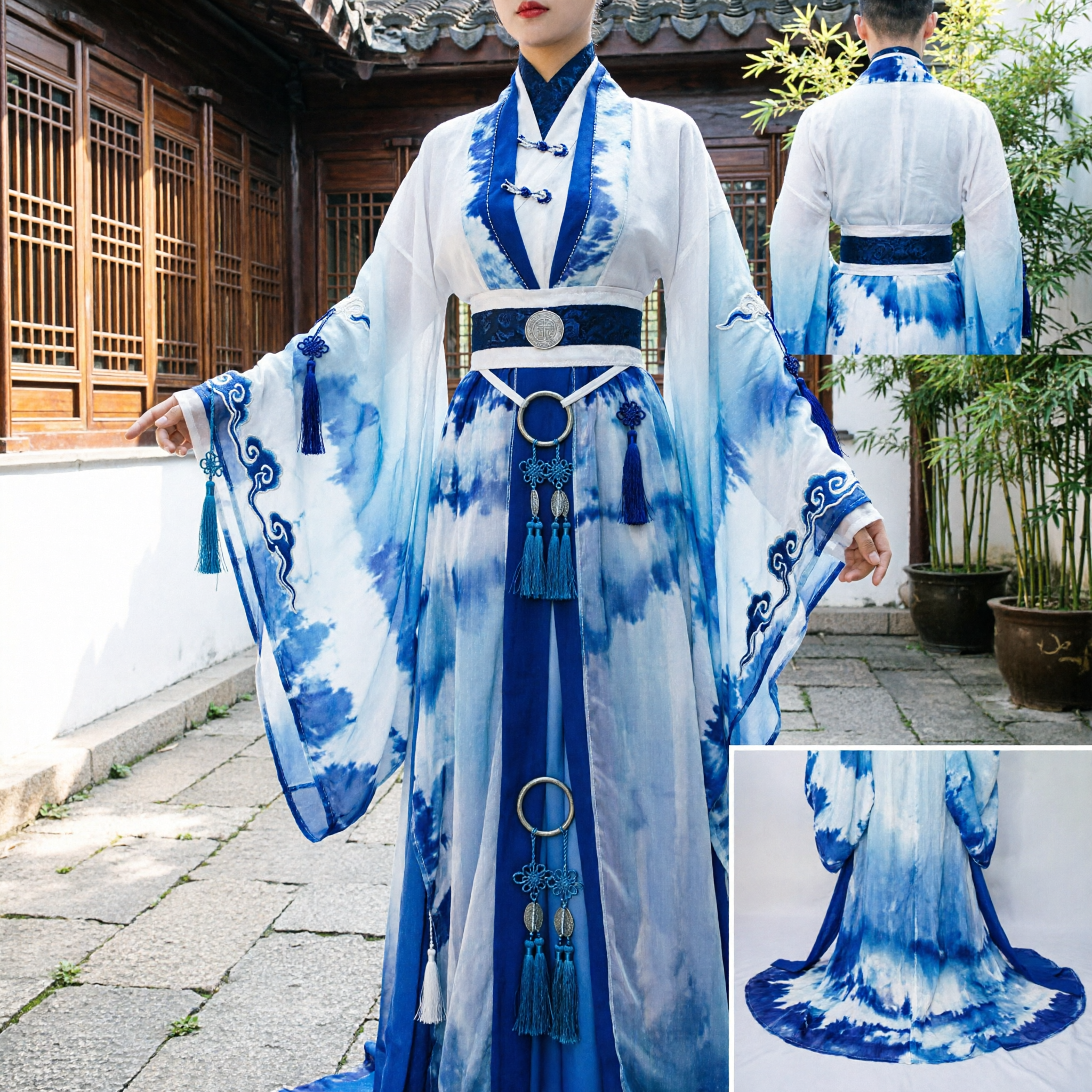 Traditional Chinese Hanfu Men's Blue Ink Wash Ancient Swordsman Robe Wuxia Cosplay Costume for Photography - Asian Costume