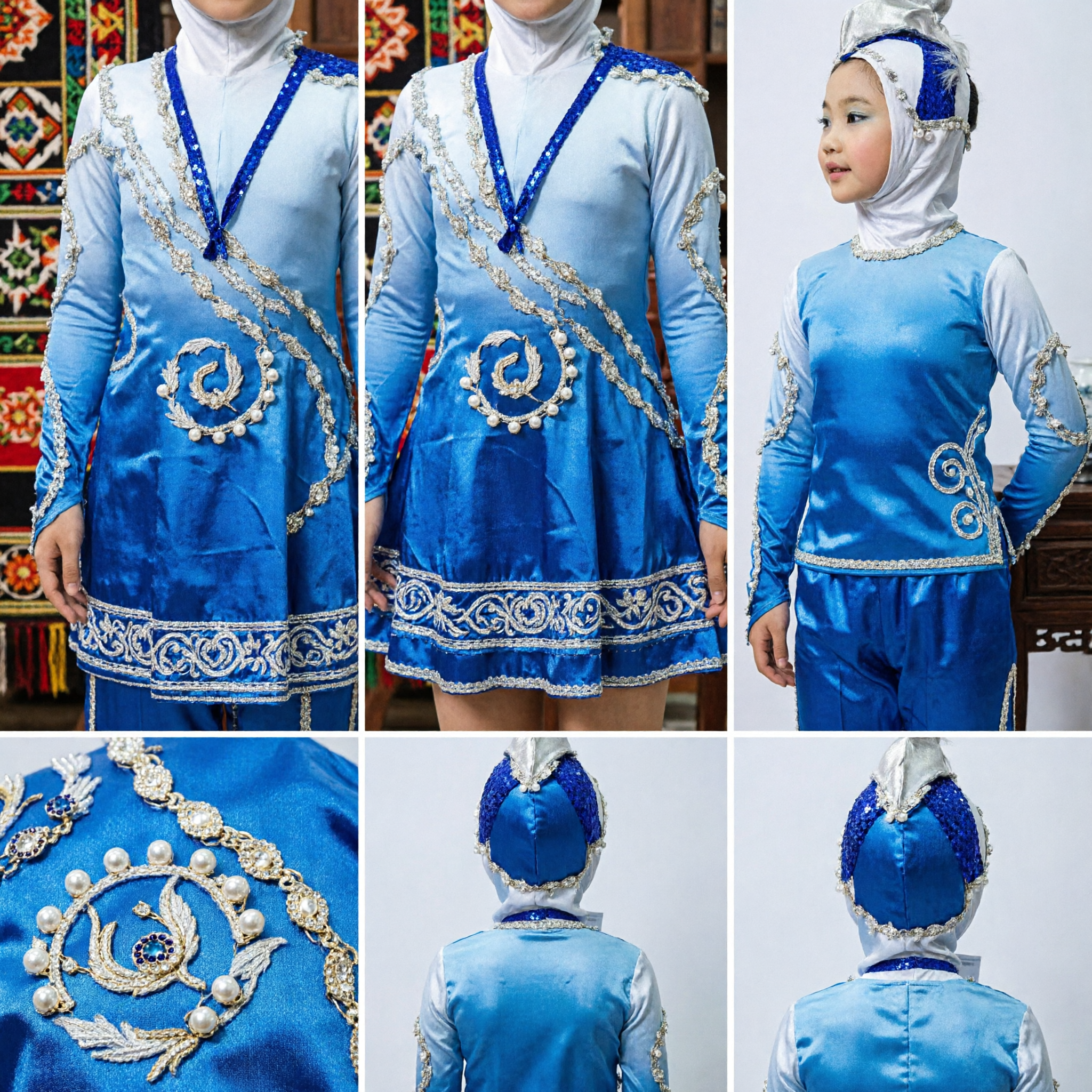 Girls Blue and Silver Sequin Stage Dance Costume Set with Matching Hijab Headpiece for Cultural Performance - Asian Costume