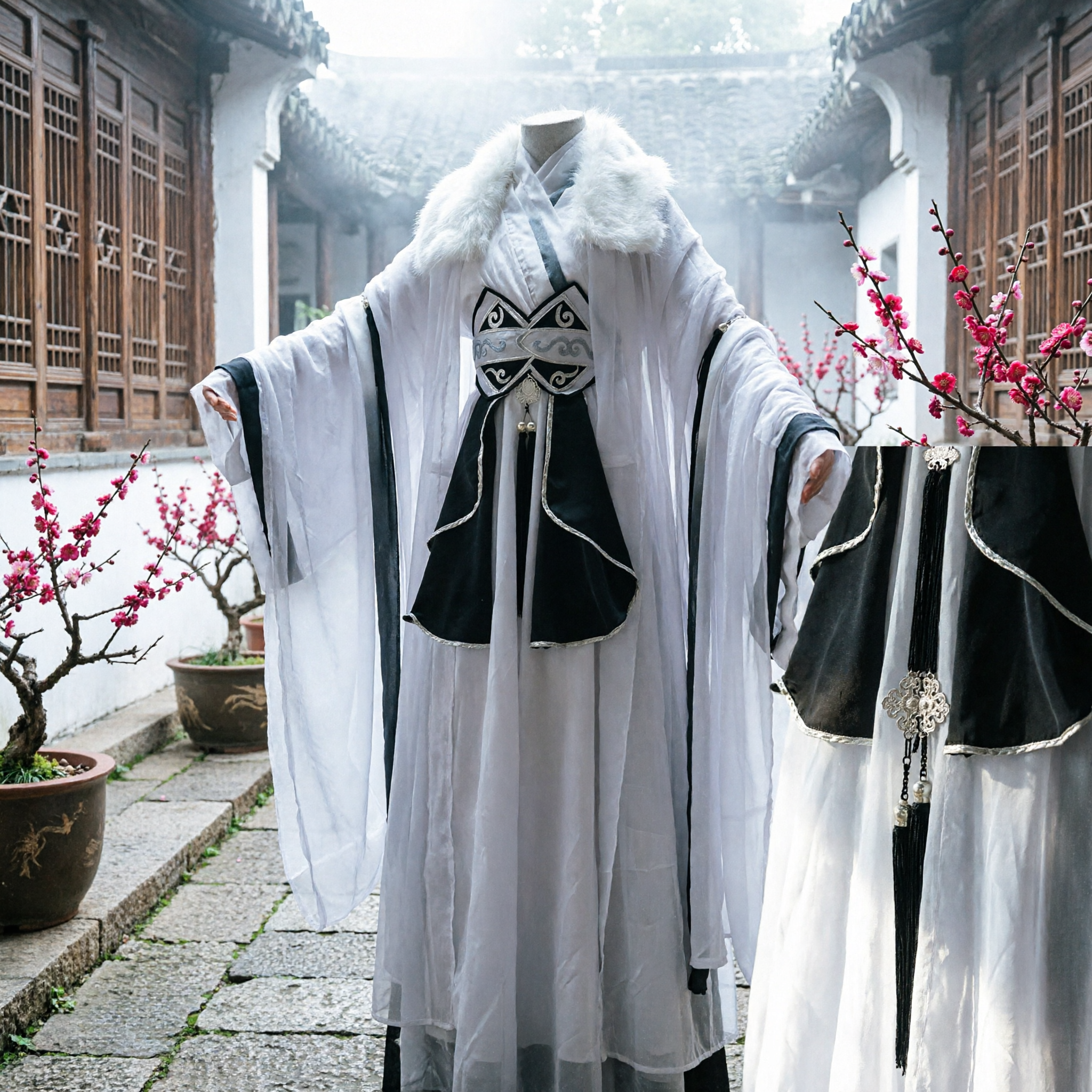 Men's Traditional Chinese Hanfu White Wide Sleeve Robe with Fur Collar Ancient Scholar Cosplay Costume - Asian Costume