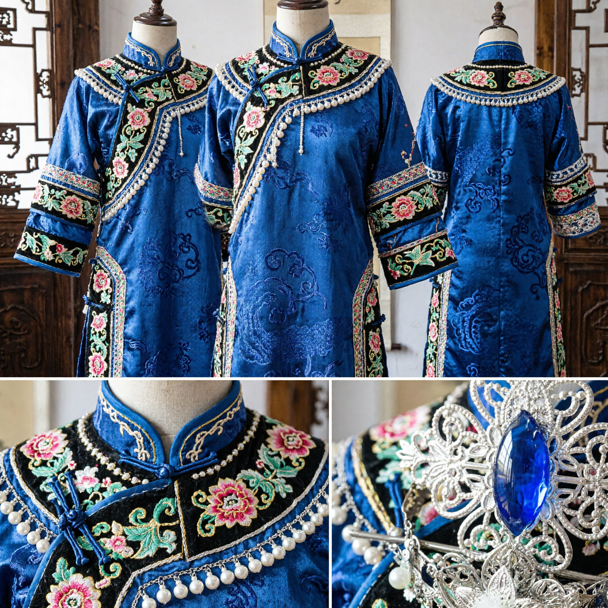 Exquisite Chinese Traditional Silver Hairpin with Blue Crystal and Pearls for Hanfu Bridal Wedding Costume Accessories - Asian Costume