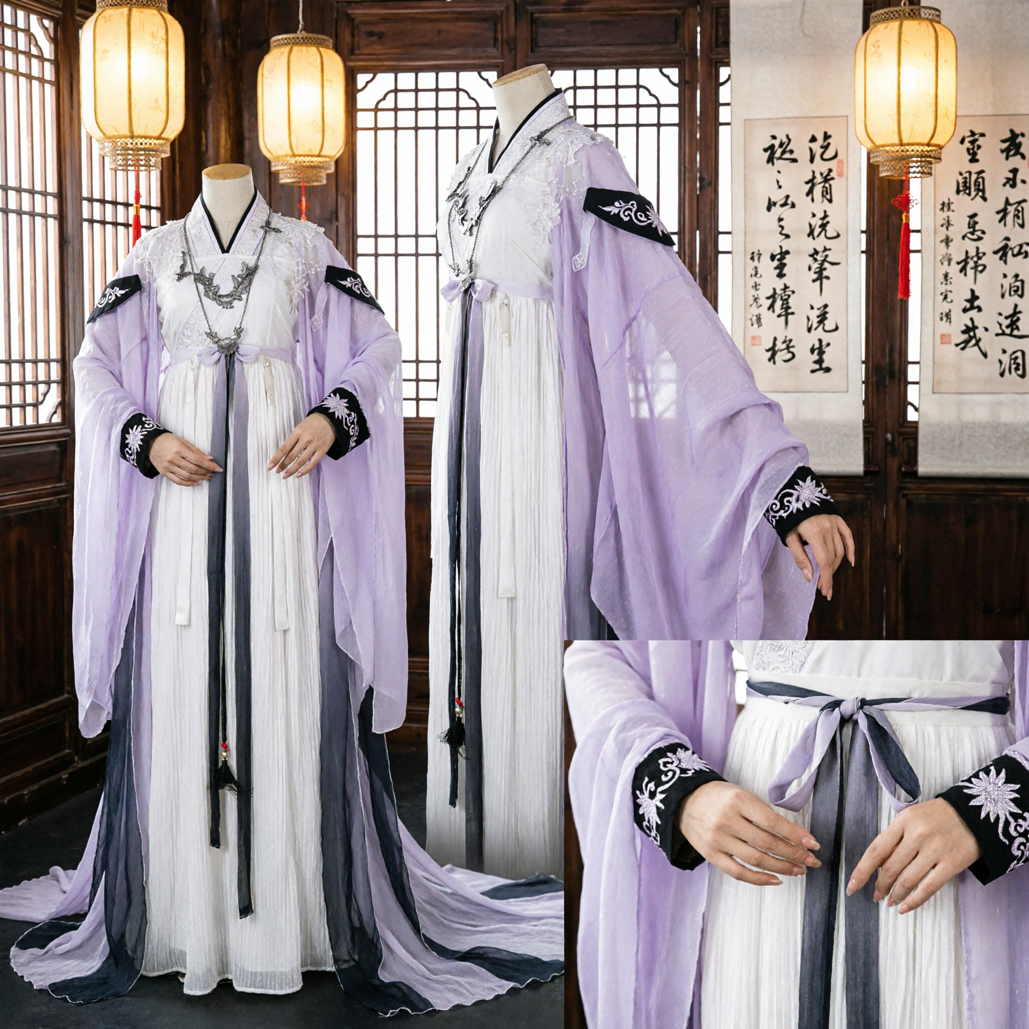 Elegant Traditional Chinese Hanfu Ancient Costume White and Lavender Robe for Men Cosplay and Stage Performance - Asian Costume