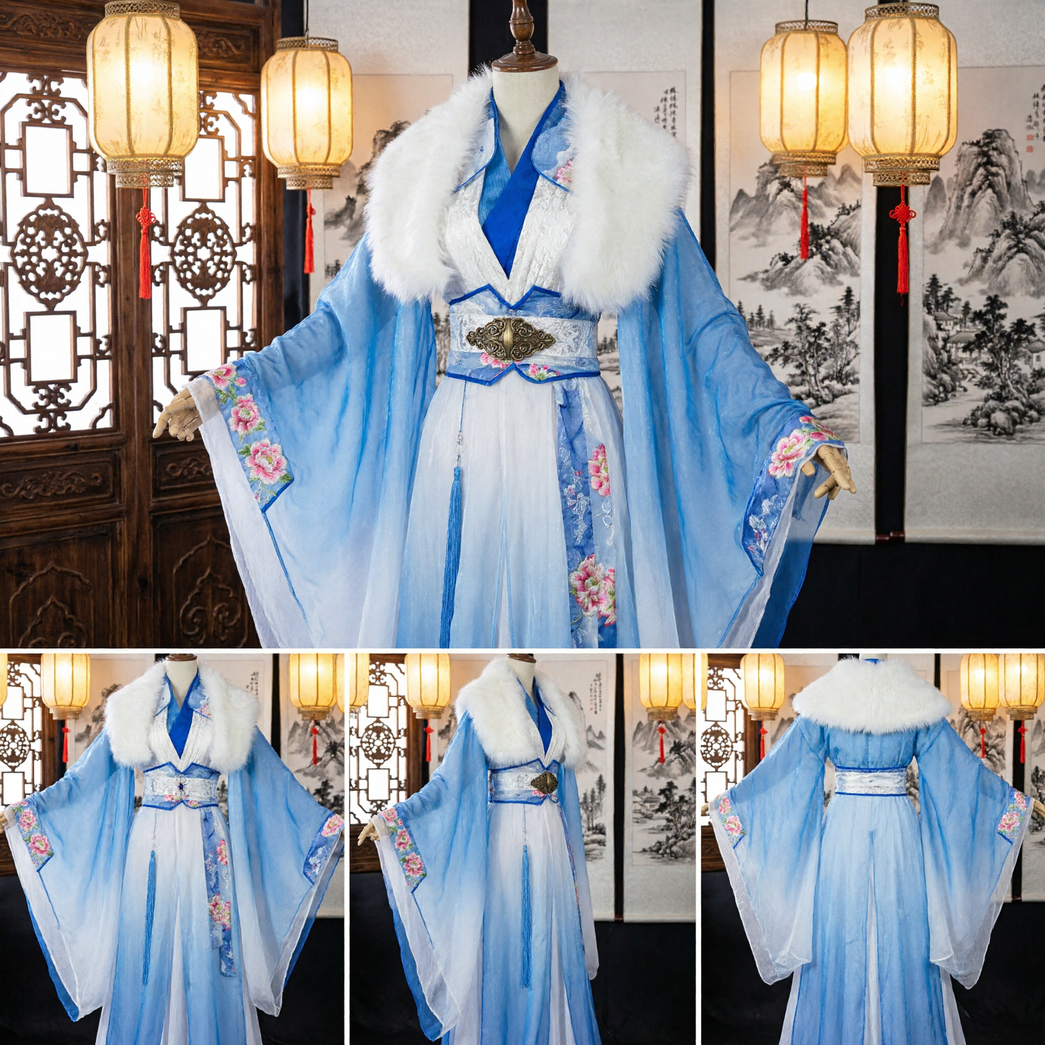 Women's Blue Ancient Chinese Hanfu Costume with White Fur Collar Embroidered Fairy Dress for Cosplay Performance - Asian Costume