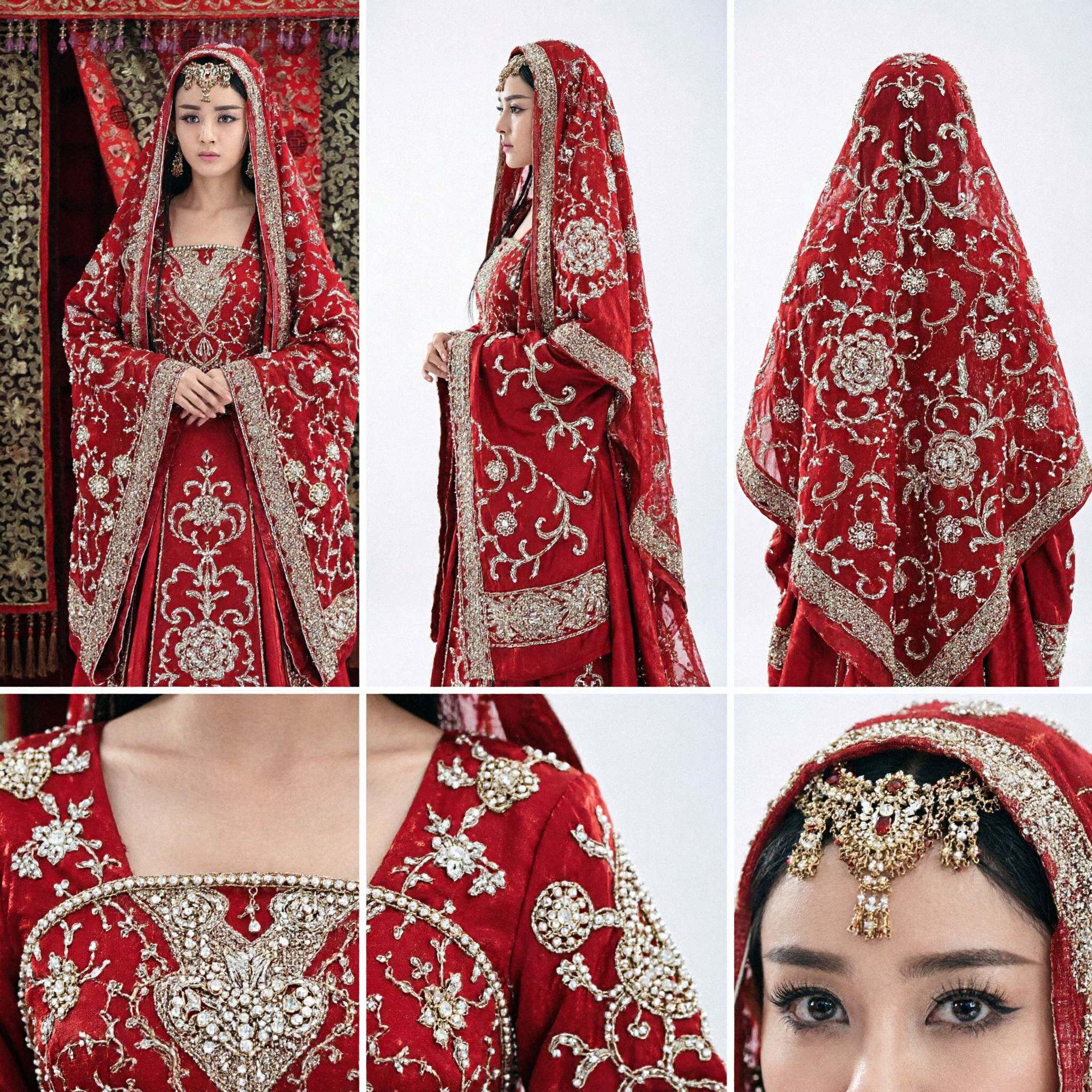 Ancient Chinese Red Wedding Hanfu Costume with Embroidered Veil and Headpiece for Women Historical Drama Cosplay - Asian Costume