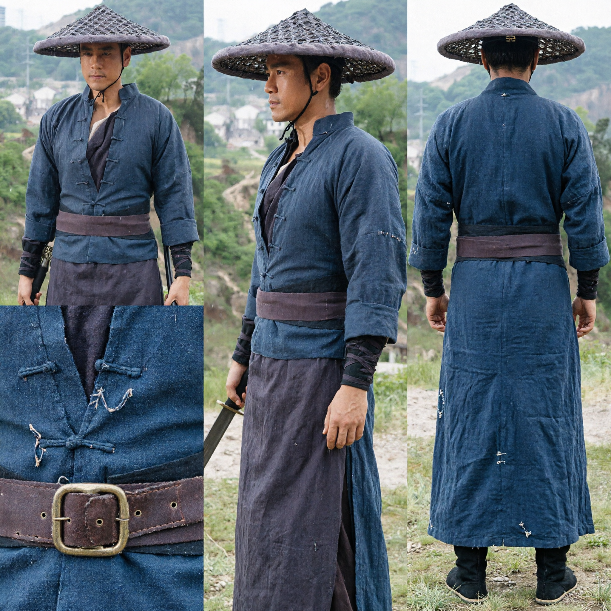 Traditional Chinese Ancient Swordsman Costume Men Martial Arts Wuxia Cosplay Outfit with Bamboo Hat - Asian Costume