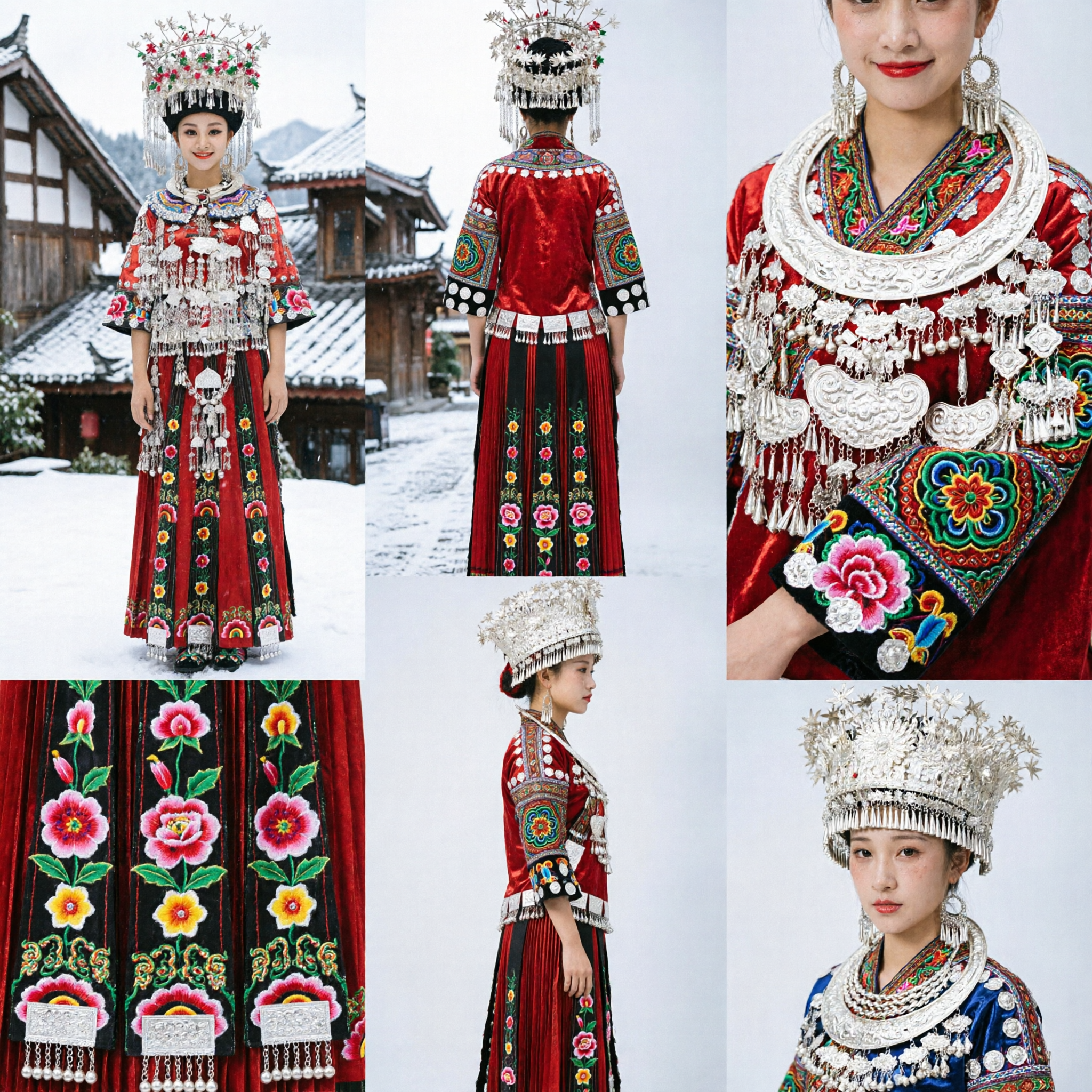 Traditional Chinese Miao Ethnic Costume Red Dress with Silver Jewelry Headpiece for Women Stage Performance - Asian Costume