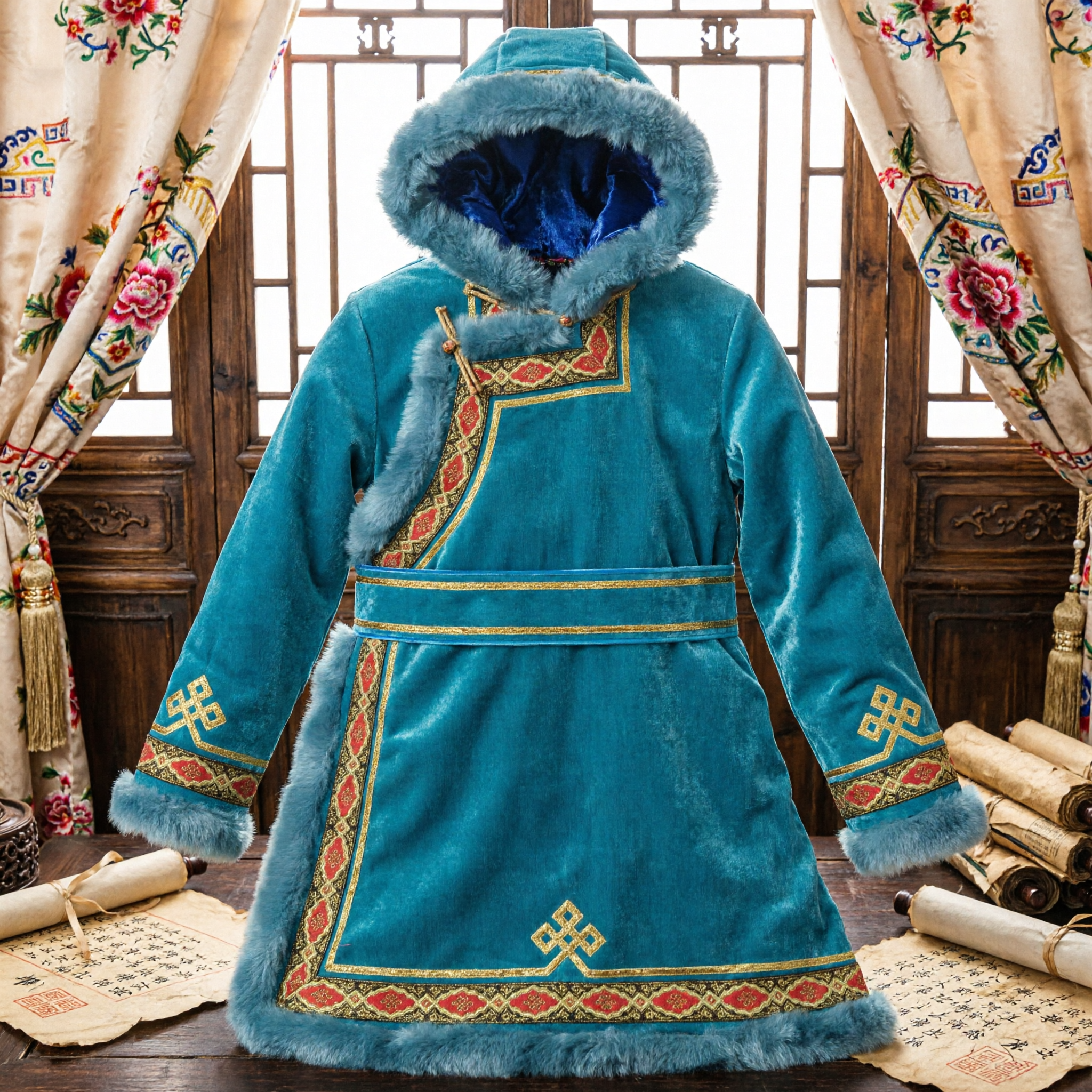 Traditional Mongolian Blue Velvet Robe with Fur Trim and Gold Embroidery Ethnic Costume for Kids Dance - Asian Costume